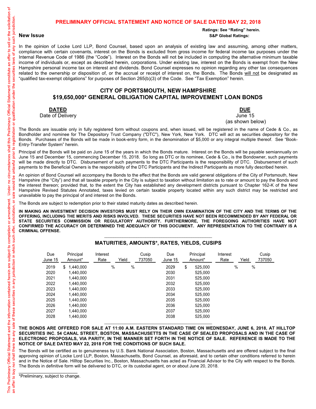 City of Portsmouth, New Hampshire $19,650,000* General Obligation Capital Improvement Loan Bonds