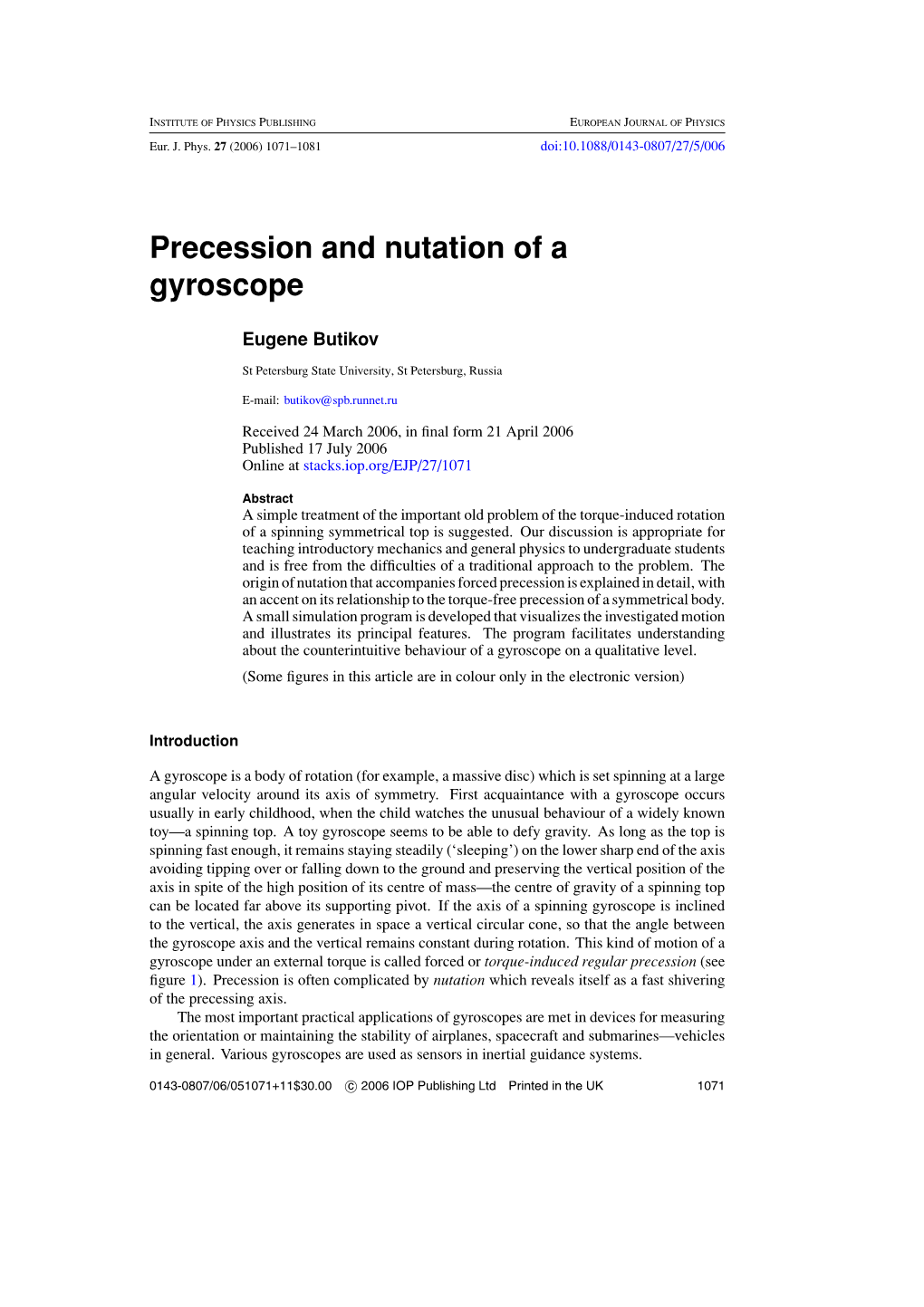 Precession and Nutation of a Gyroscope