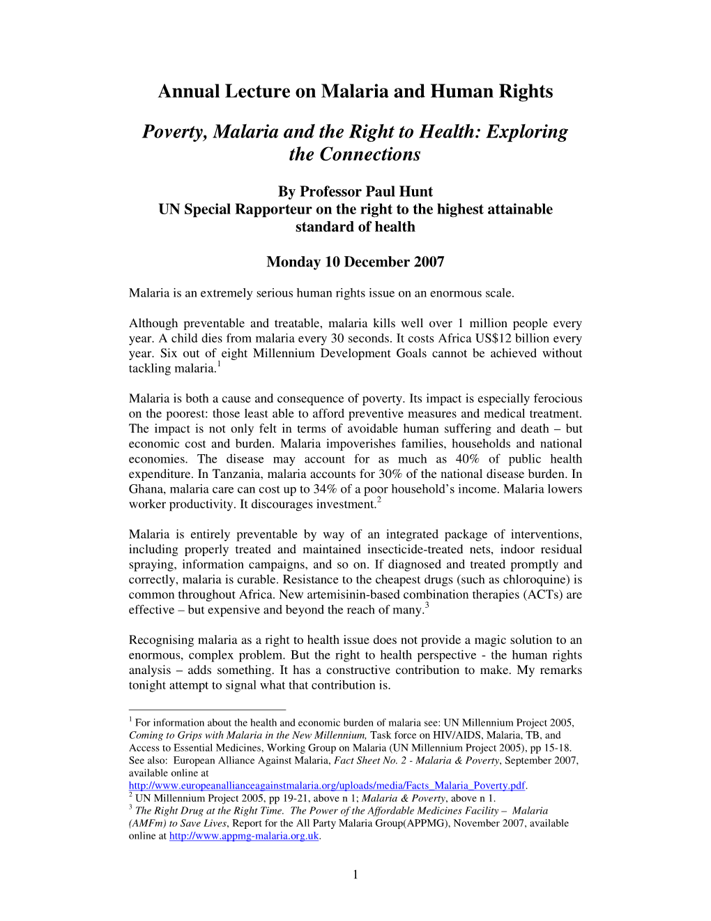 Annual Lecture on Malaria and Human Rights