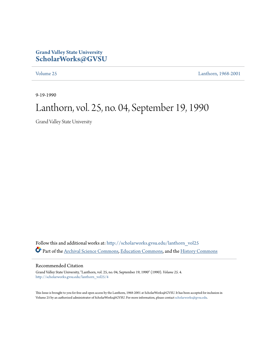 Lanthorn, Vol. 25, No. 04, September 19, 1990 Grand Valley State University