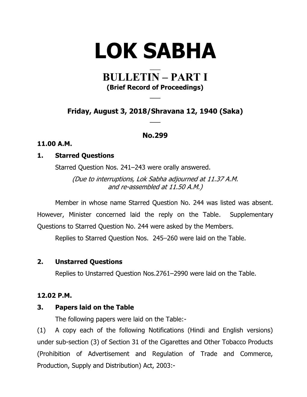 LOK SABHA ___ BULLETIN – PART I (Brief Record of Proceedings) ___