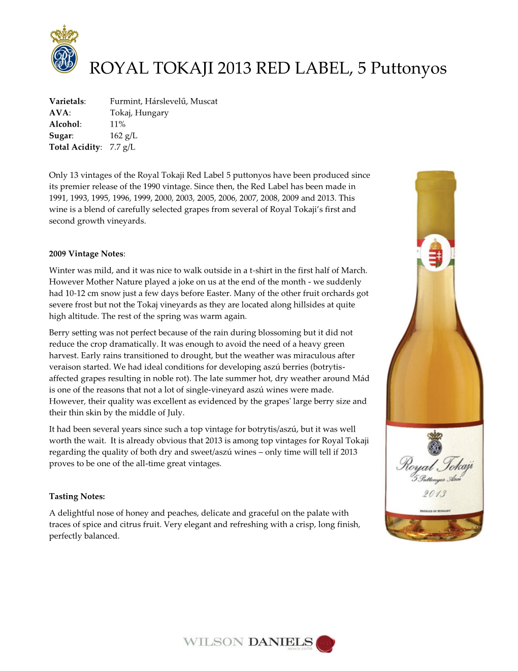 ROYAL TOKAJI 2013 RED LABEL, 5 Puttonyos