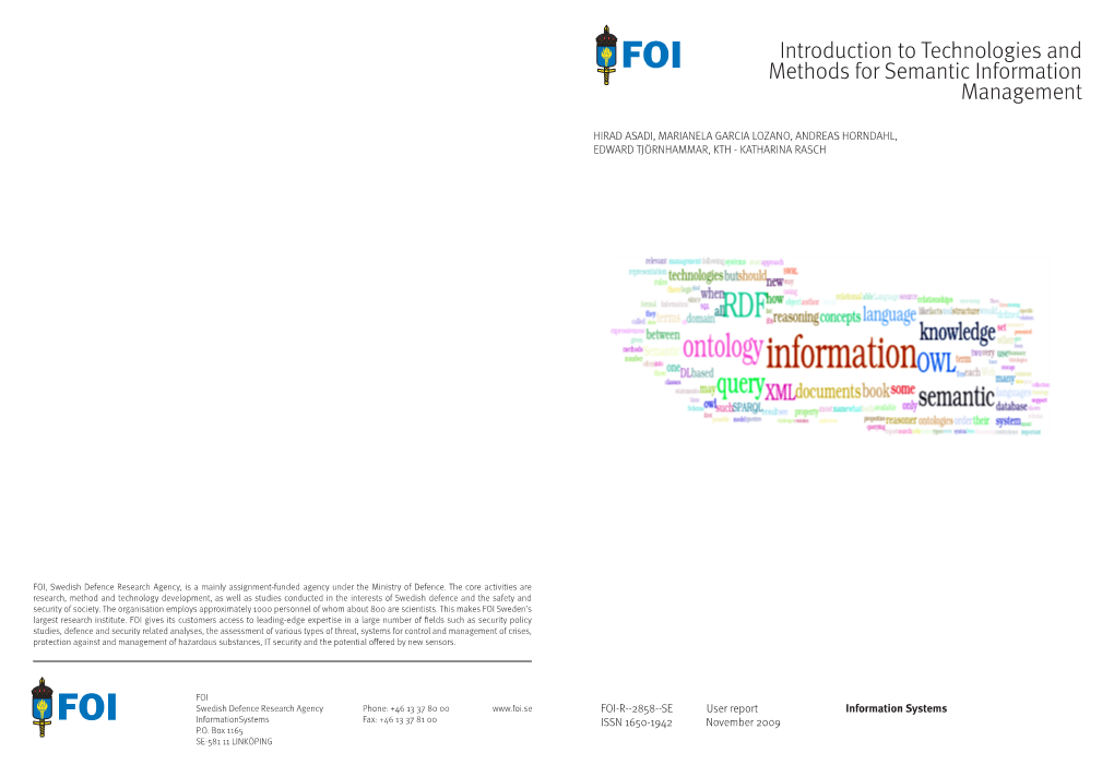 Introduction to Technologies and Methods for Semantic Information Management the Figure on the Front Page Was Made with a Tag Cloud Tool Made by Chris Done Et.Al
