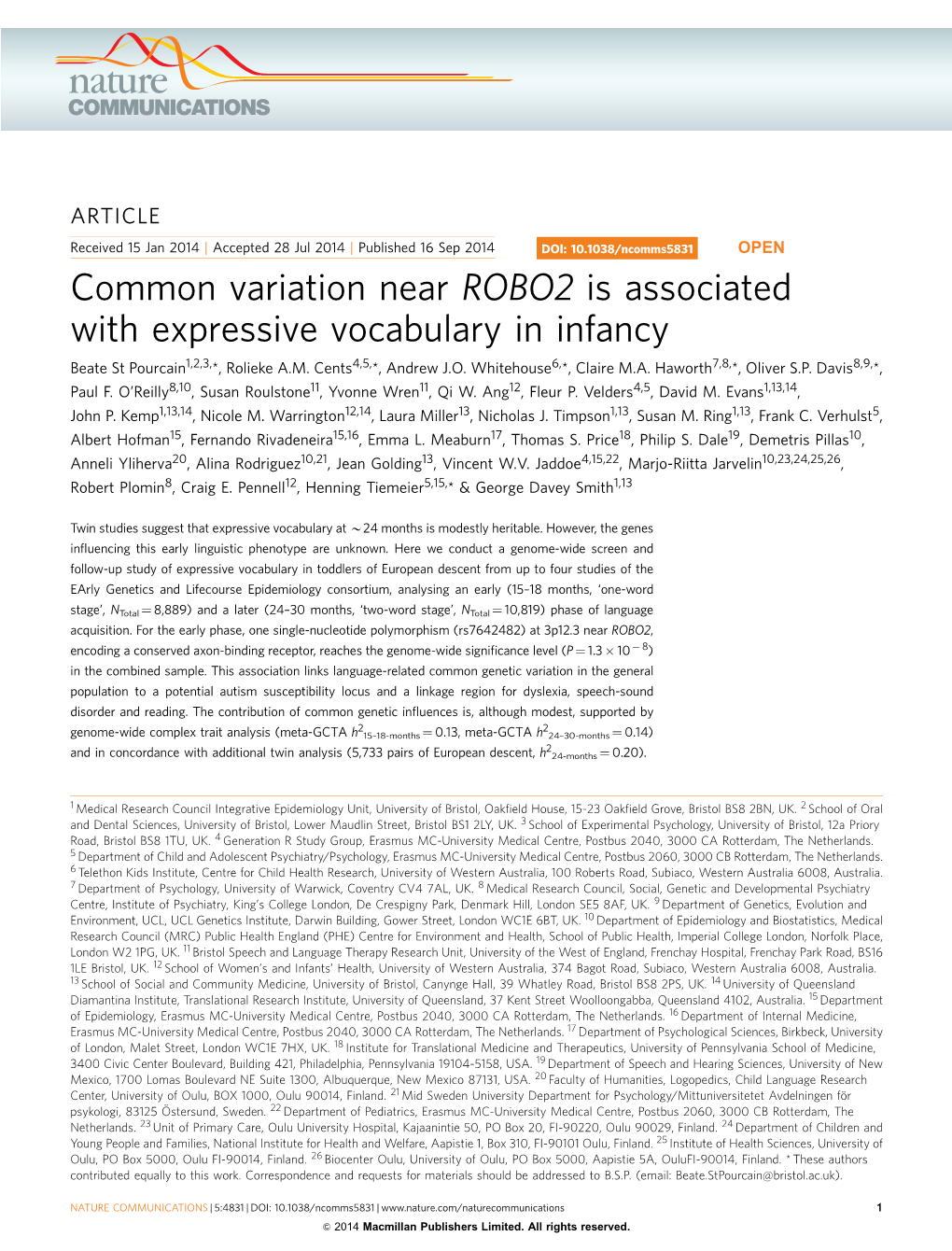 Common Variation Near ROBO2 Is Associated with Expressive Vocabulary in Infancy Beate St Pourcain1,2,3,*, Rolieke A.M