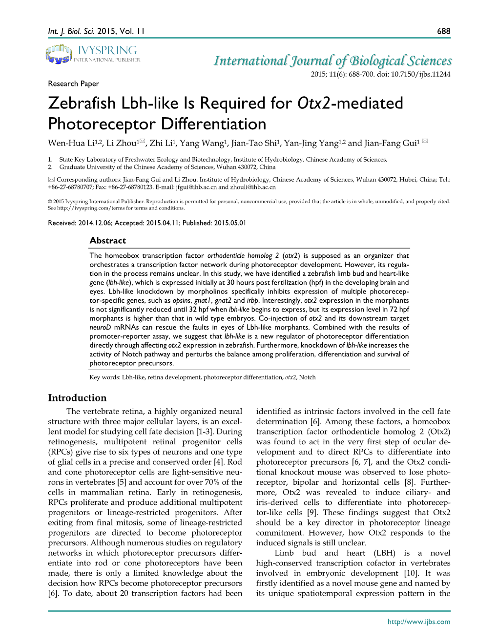 Zebrafish Lbh-Like Is Required for Otx2-Mediated Photoreceptor