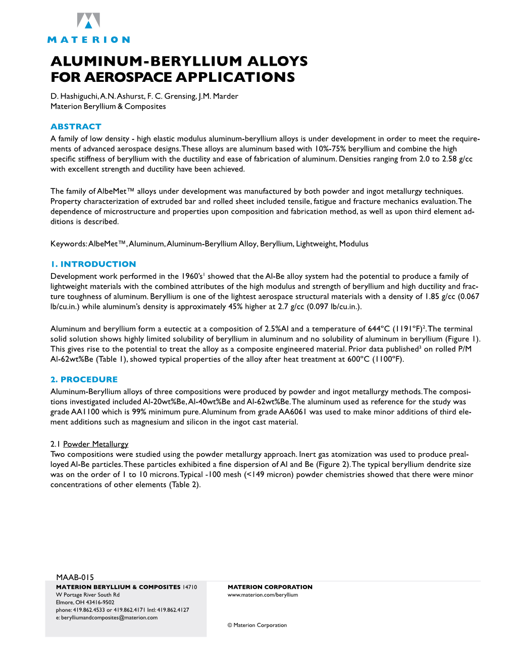 Aluminum-Beryllium Alloys for Aerospace Applications D