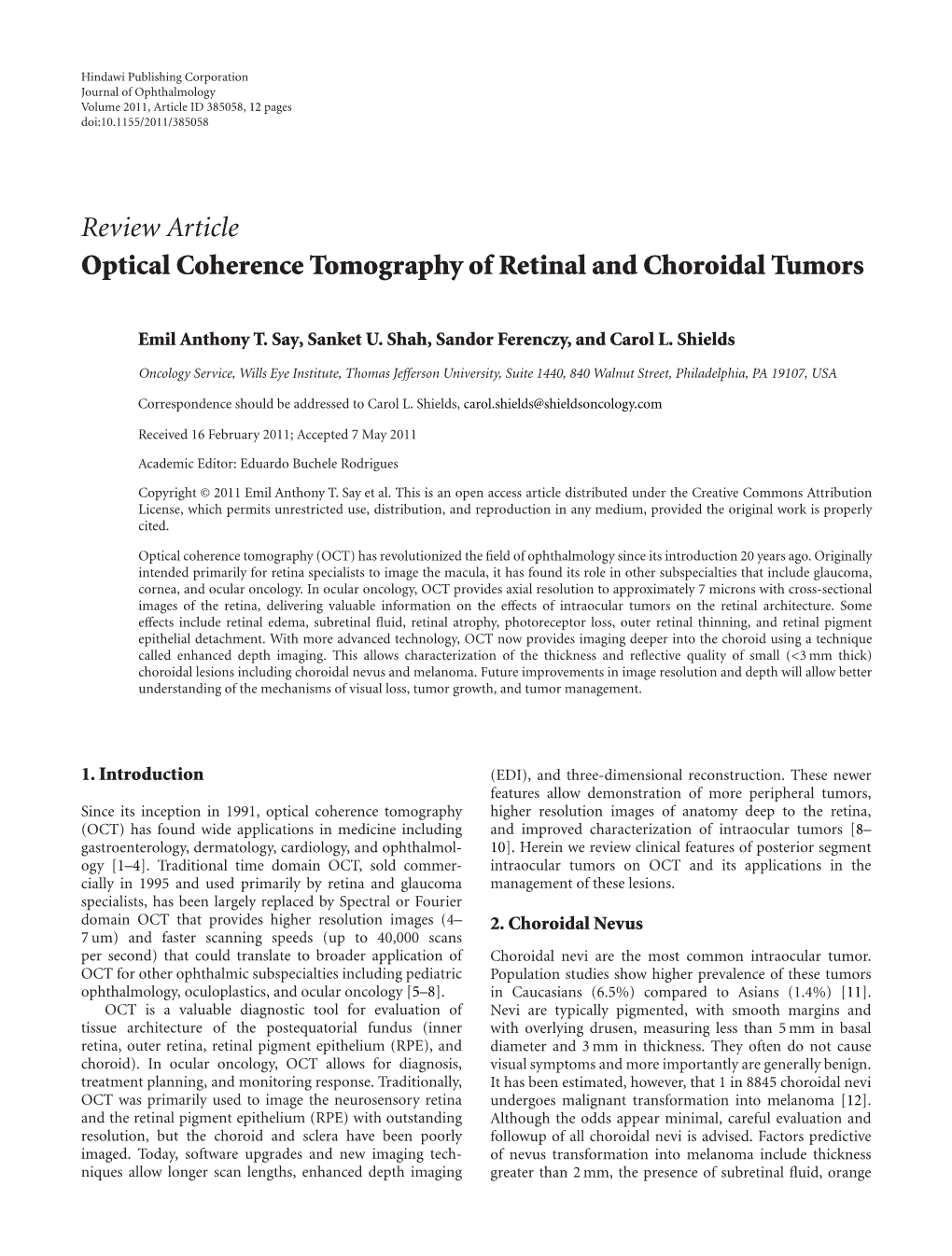 Review Article Optical Coherence Tomography of Retinal and Choroidal Tumors
