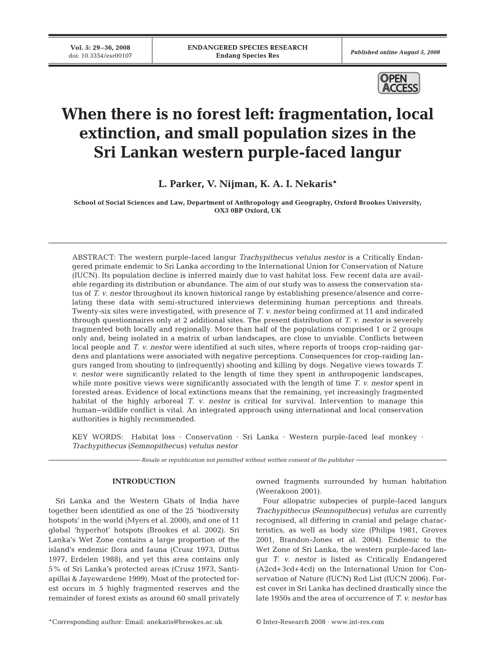 When There Is No Forest Left: Fragmentation, Local Extinction, and Small Population Sizes in the Sri Lankan Western Purple-Faced Langur
