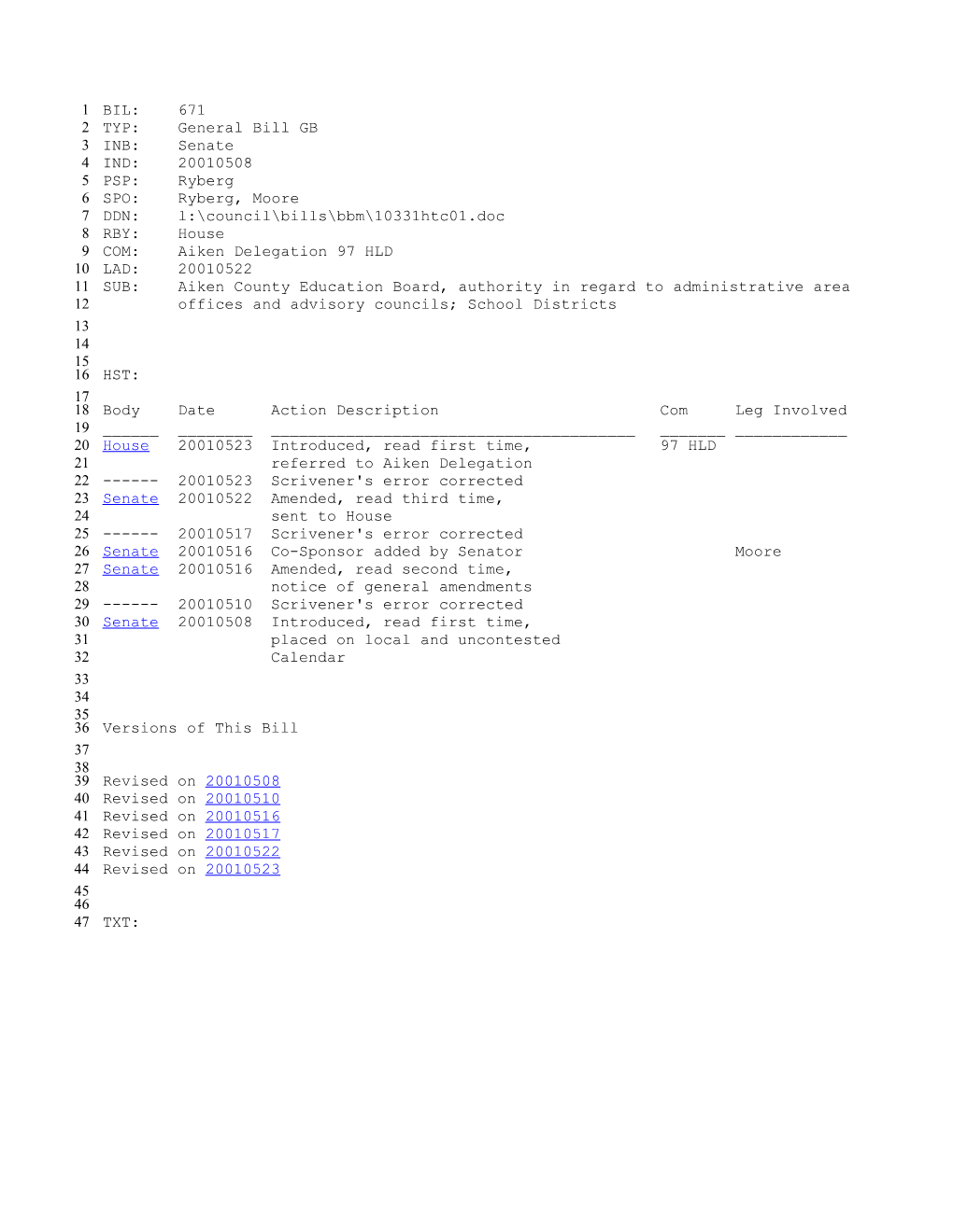 2001-2002 Bill 671: Aiken County Education Board, Authority in Regard to Administrative