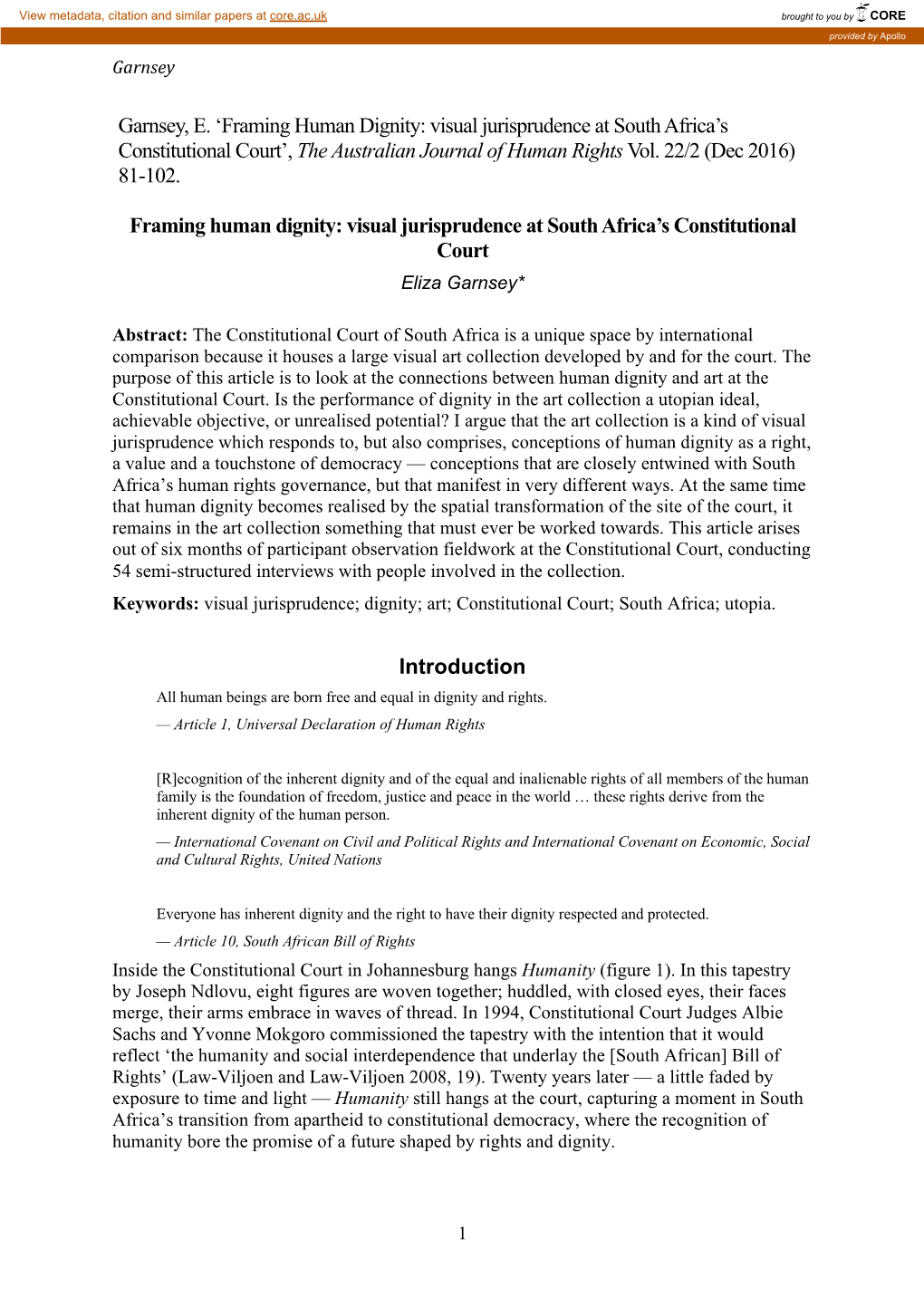 Garnsey, E. 'Framing Human Dignity: Visual Jurisprudence at South