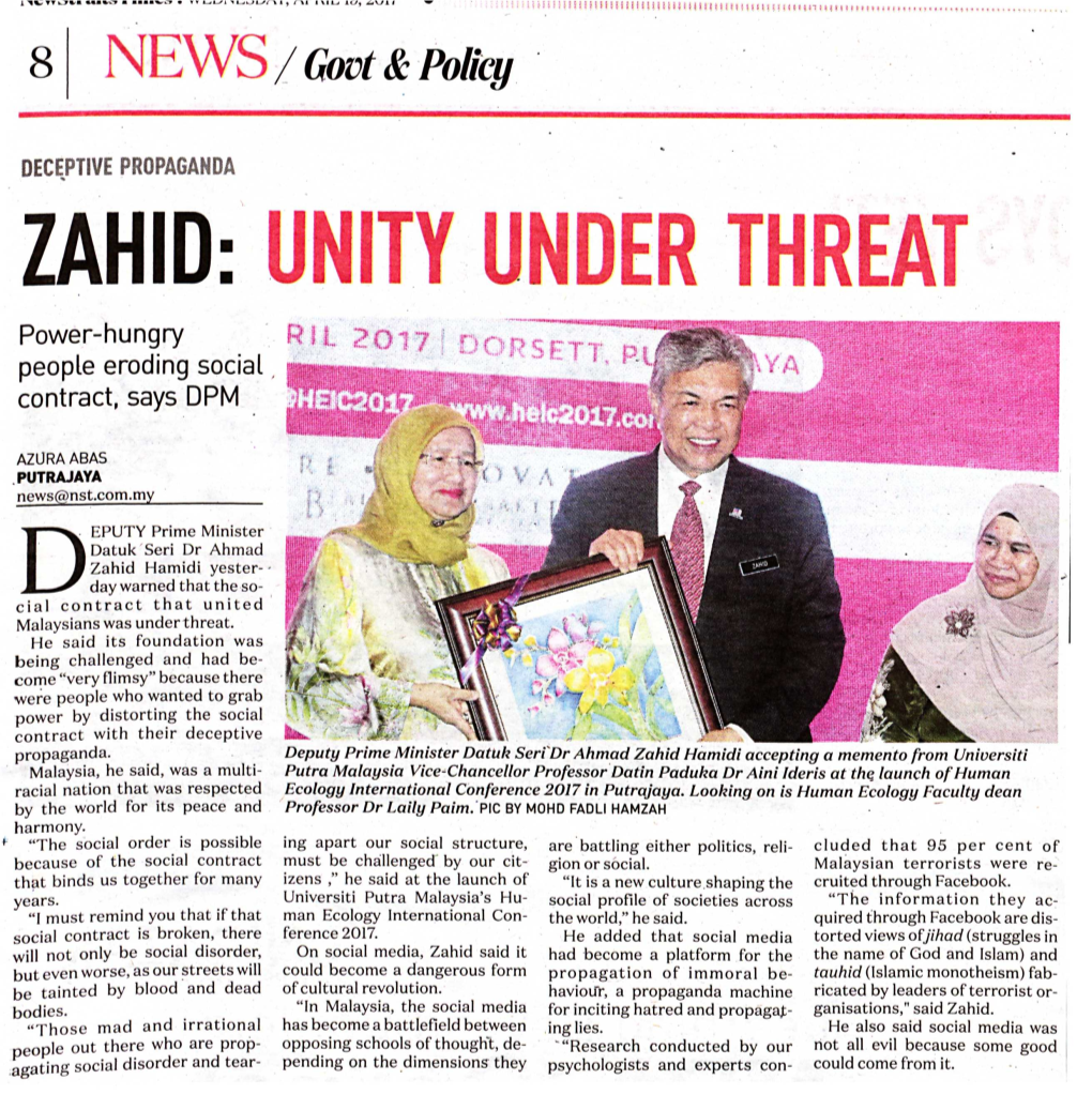 ZAHID: UNITY UNDER THREAT Power-Hungry People Eroding Social, Contract, Says DPM