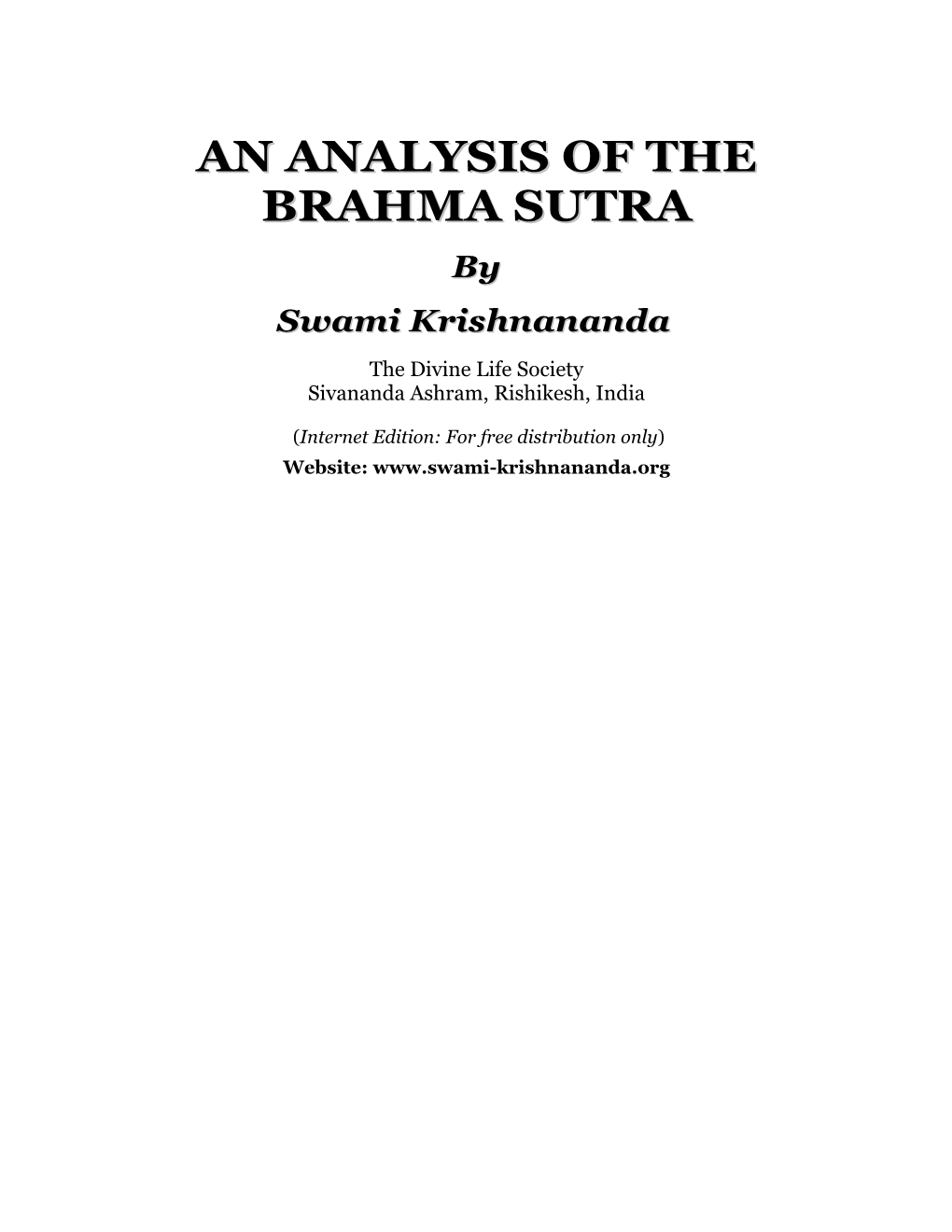 An Analysis of the Brahma Sutra