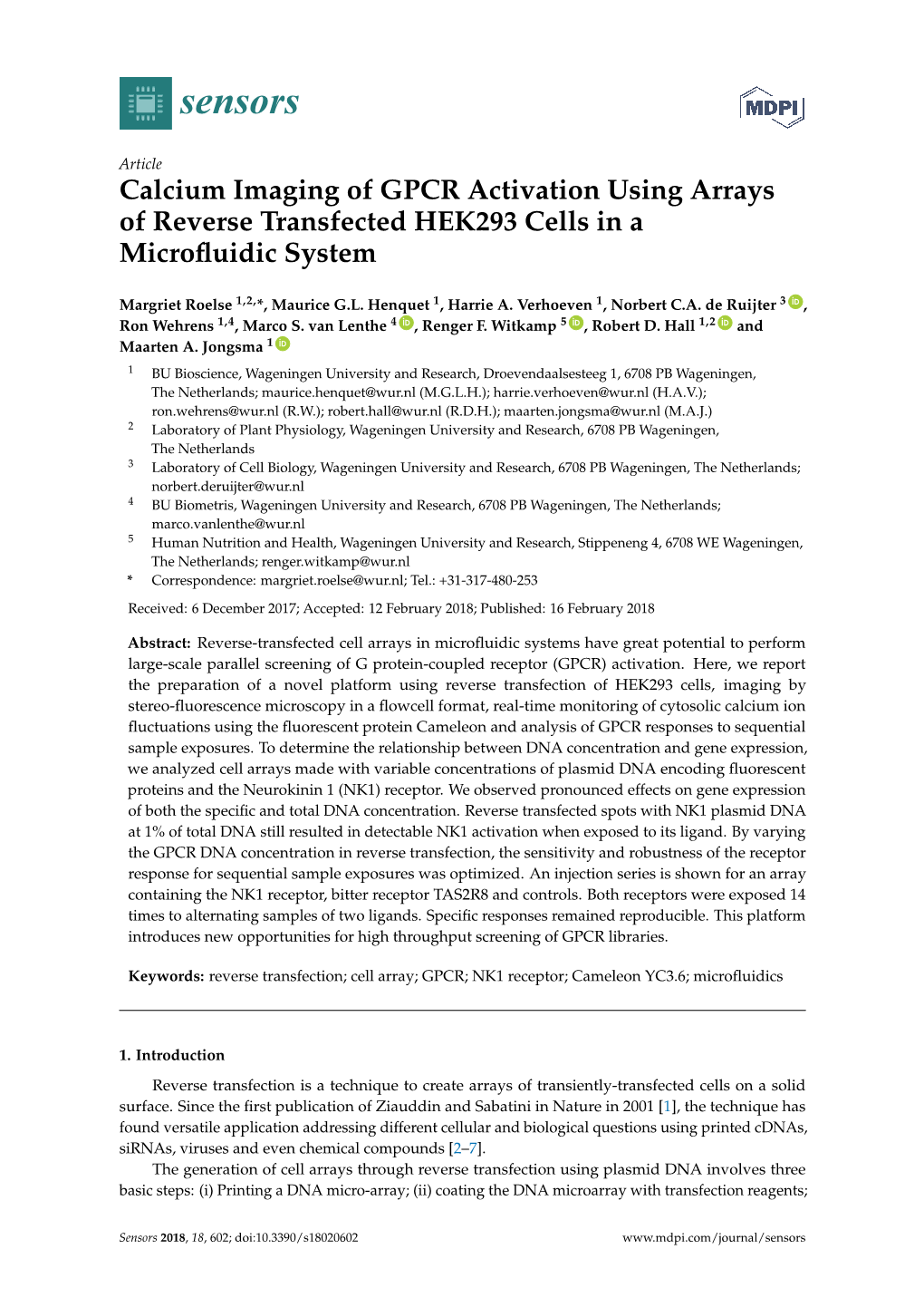 Calcium Imaging of GPCR Activation Using Arrays of Reverse Transfected HEK293 Cells in a Microﬂuidic System