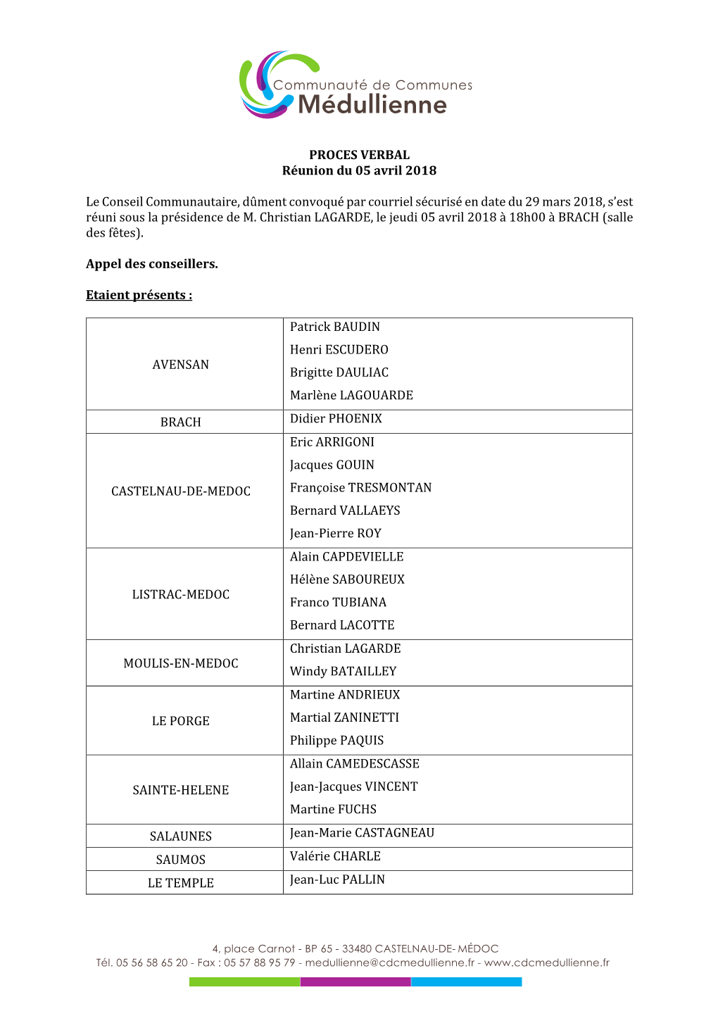 PROCES VERBAL Réunion Du 05 Avril 2018 Le Conseil Communautaire, Dûment Convoqué Par Courriel Sécurisé En Date Du 29 Mars 2