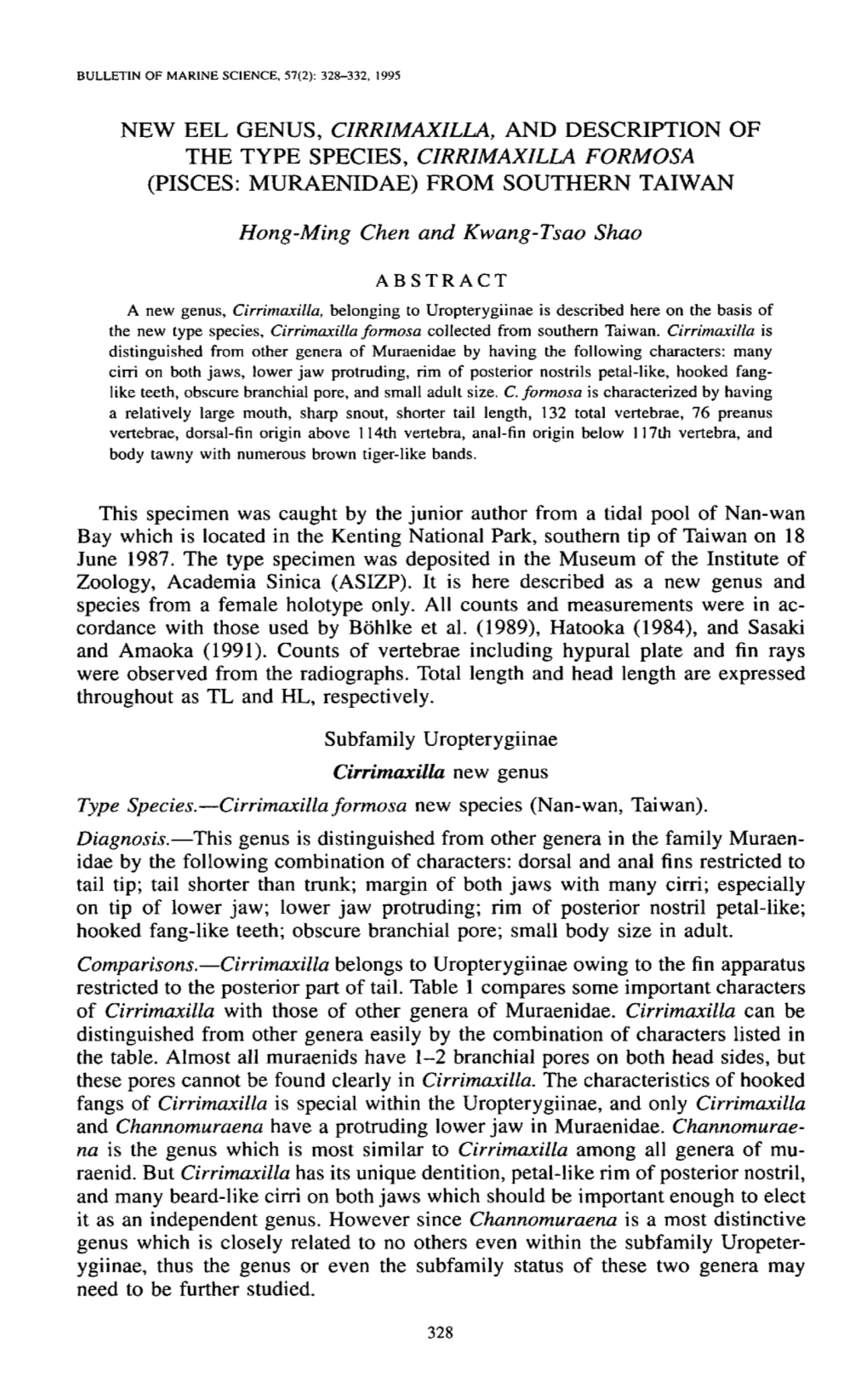 New Eel Genus, <I>Cirrimaxilla,</I> and Description of the Type