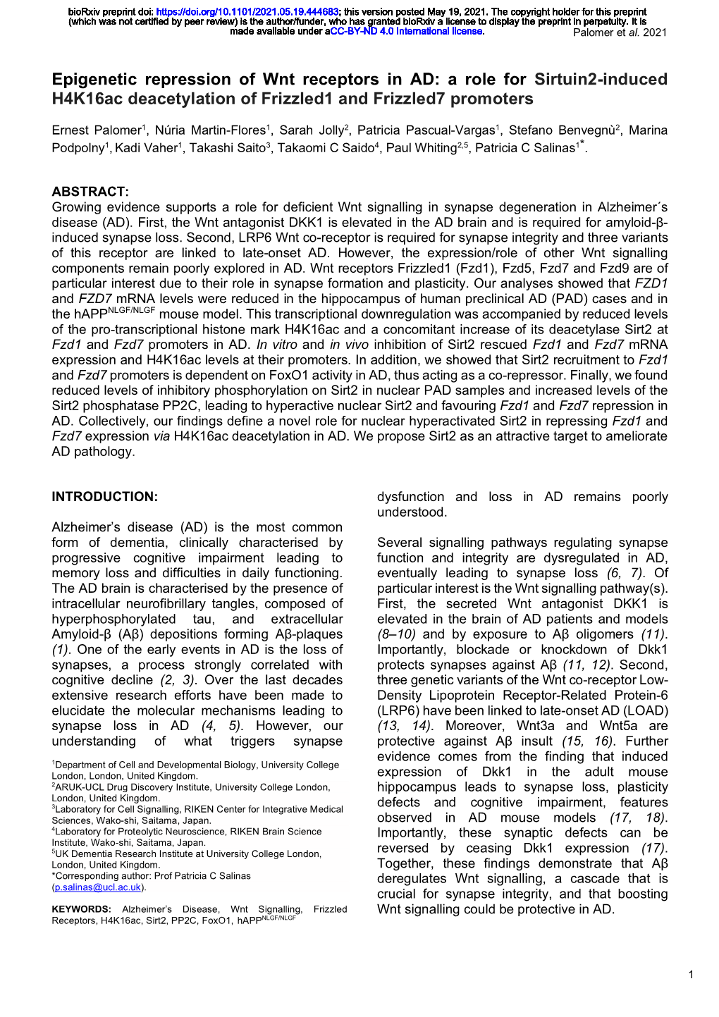 Epigenetic Repression of Wnt Receptors in AD: a Role for Sirtuin2-Induced H4k16ac Deacetylation of Frizzled1 and Frizzled7 Promoters