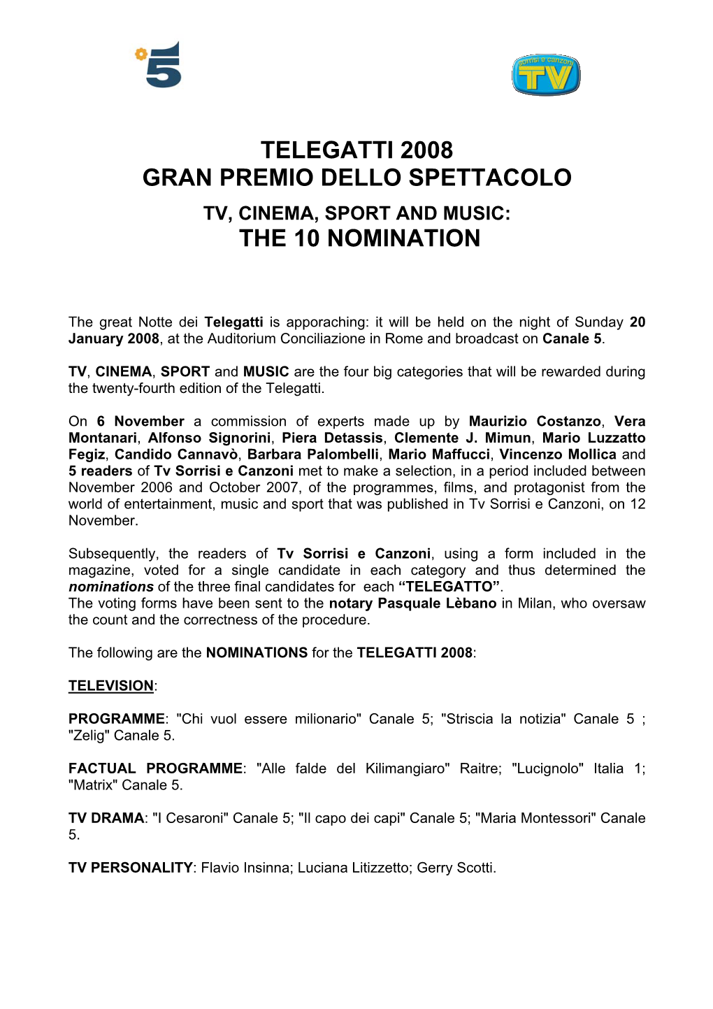 Telegatti 2008 Gran Premio Dello Spettacolo the 10