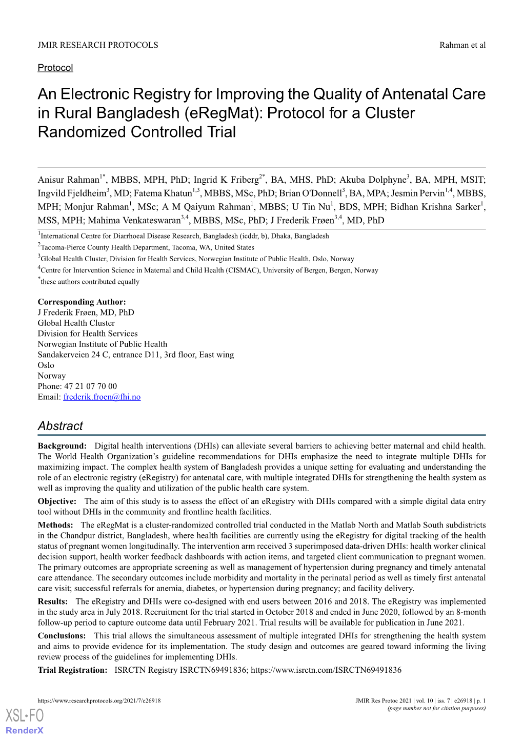 An Electronic Registry for Improving the Quality of Antenatal Care in Rural Bangladesh (Eregmat): Protocol for a Cluster Randomized Controlled Trial