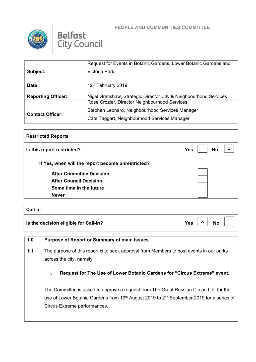 PEOPLE and COMMUNITIES COMMITTEE Subject: Request for Events in Botanic Gardens