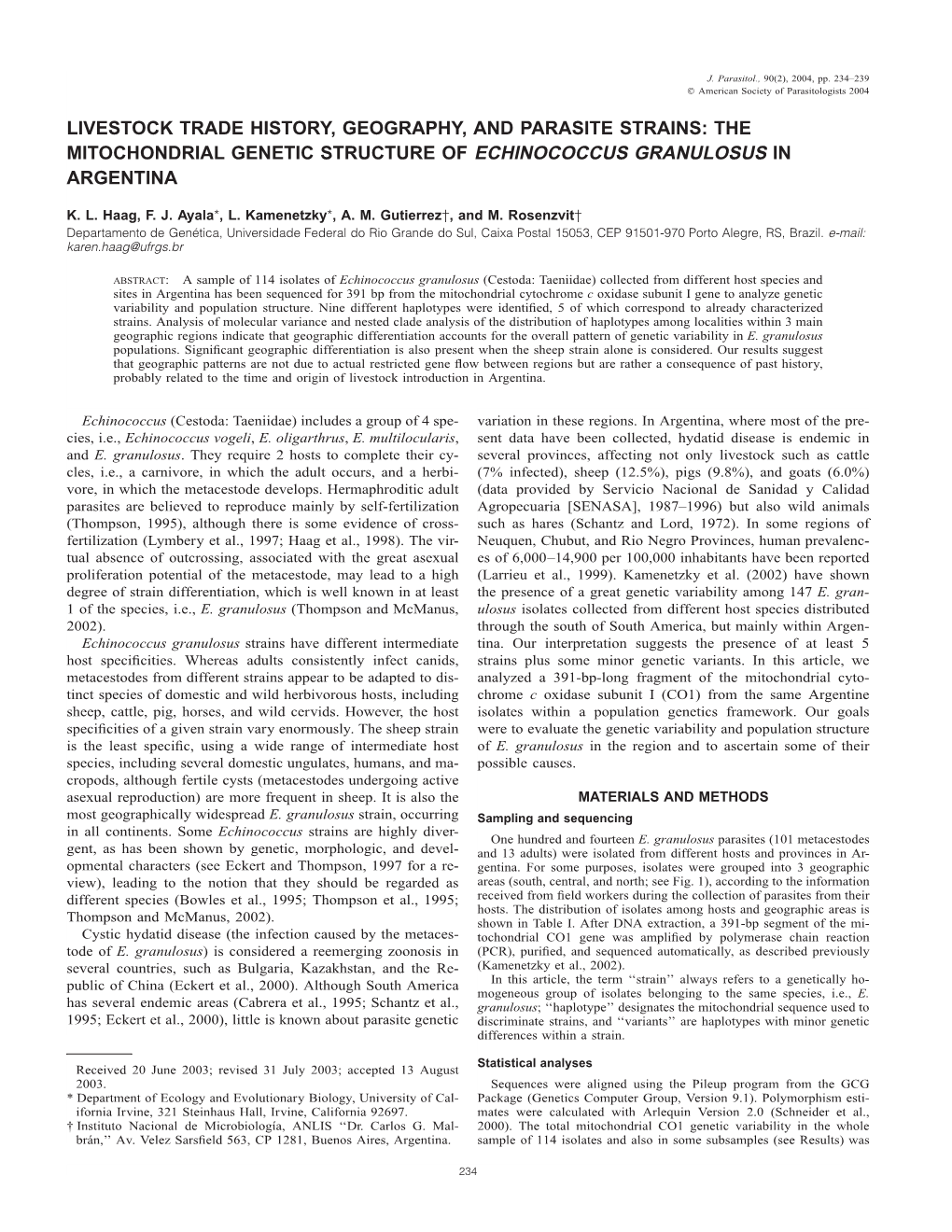 The Mitochondrial Genetic Structure of Echinococcus Granulosus in Argentina