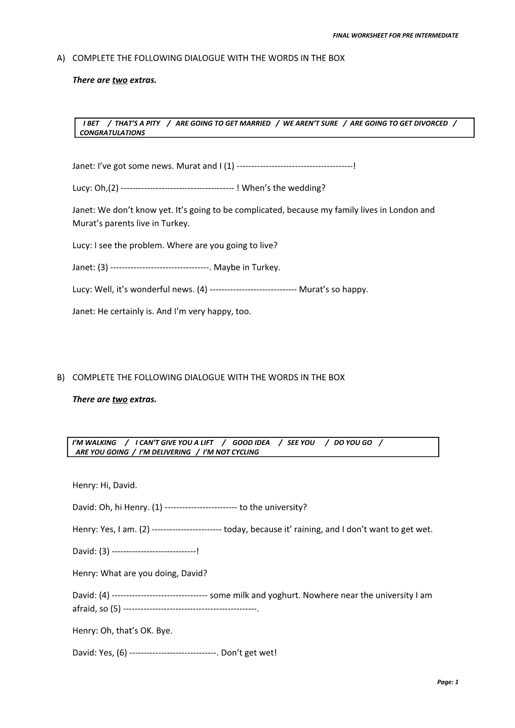 Final Worksheet for Pre Intermediate