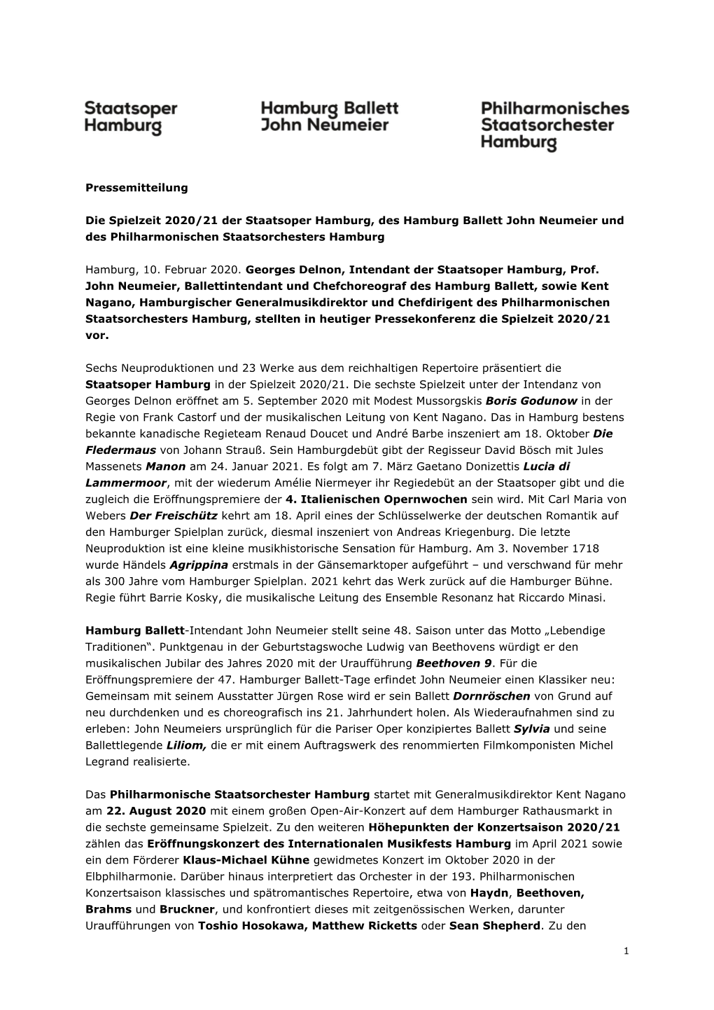 Pressemitteilung Die Spielzeit 2020/21 Der Staatsoper Hamburg, Des Hamburg Ballett John Neumeier Und Des Philharmonischen Staats