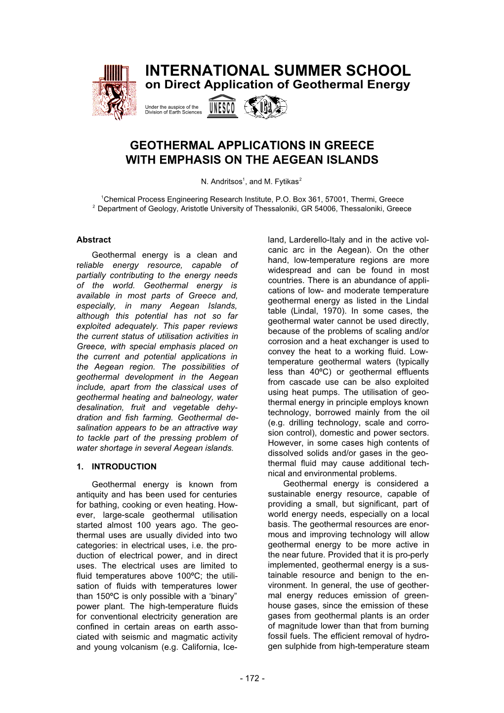 INTERNATIONAL SUMMER SCHOOL on Direct Application of Geothermal Energy