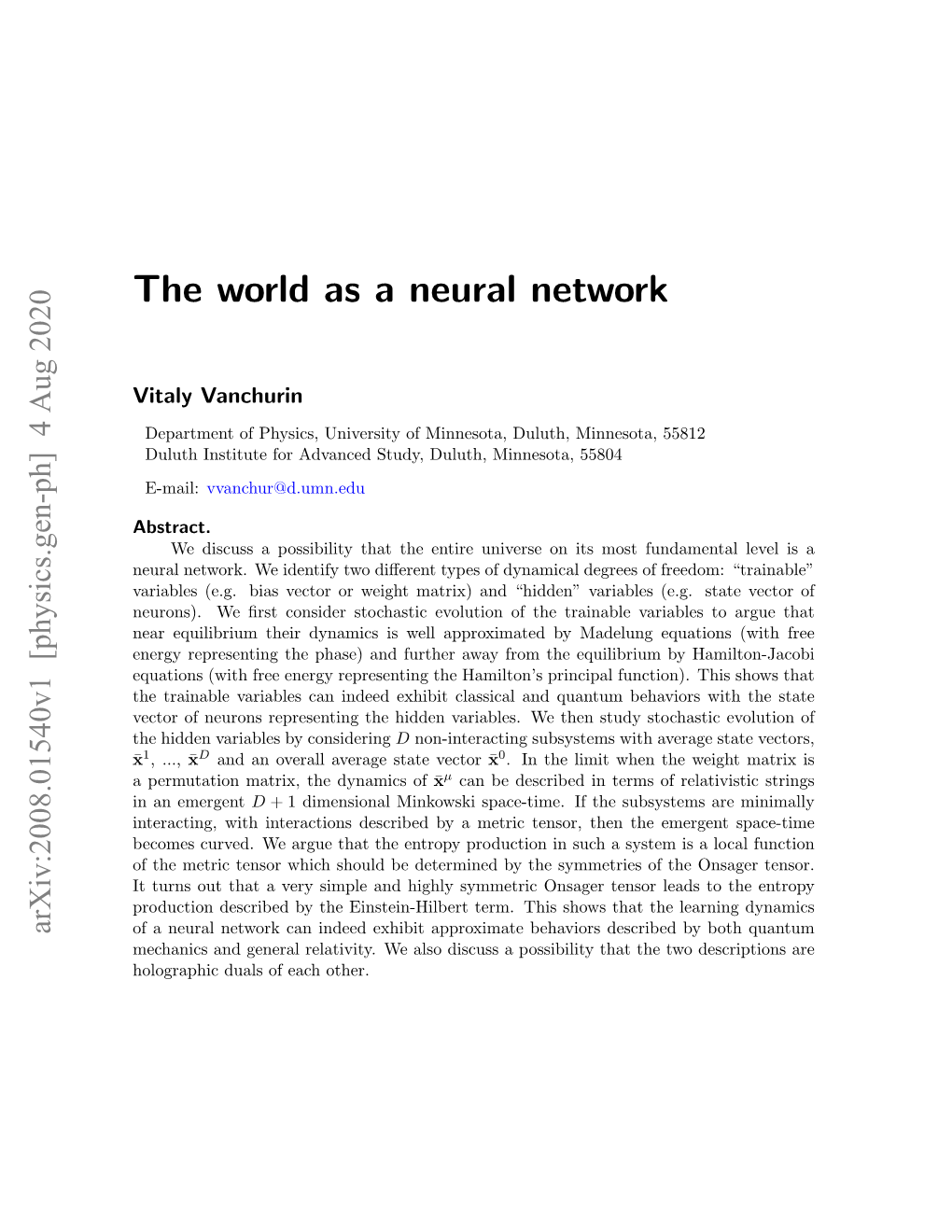 The World As a Neural Network