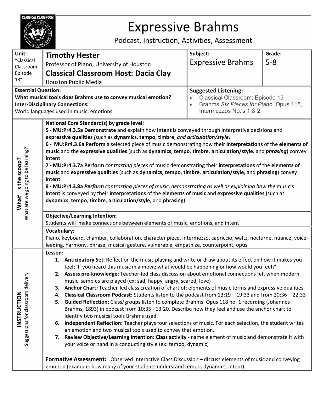 Expressive Brahms Podcast, Instruction, Activities, Assessment