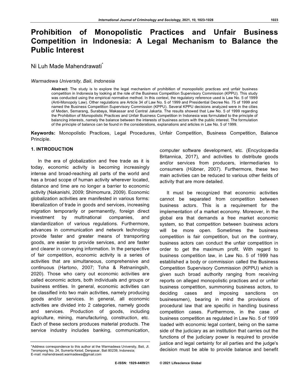 Prohibition of Monopolistic Practices and Unfair Business Competition in Indonesia: a Legal Mechanism to Balance the Public Interest