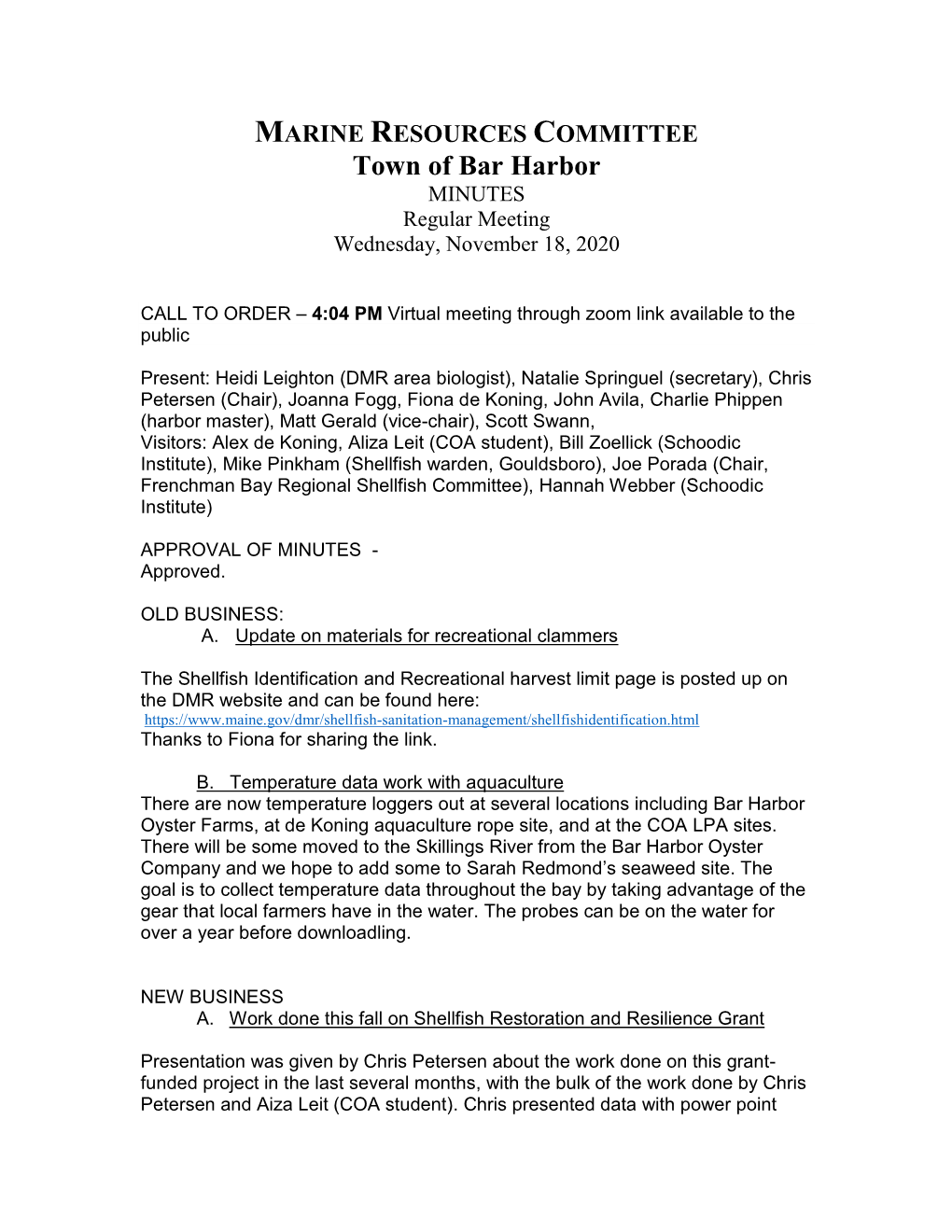 MARINE RESOURCES COMMITTEE Town of Bar Harbor MINUTES Regular Meeting Wednesday, November 18, 2020
