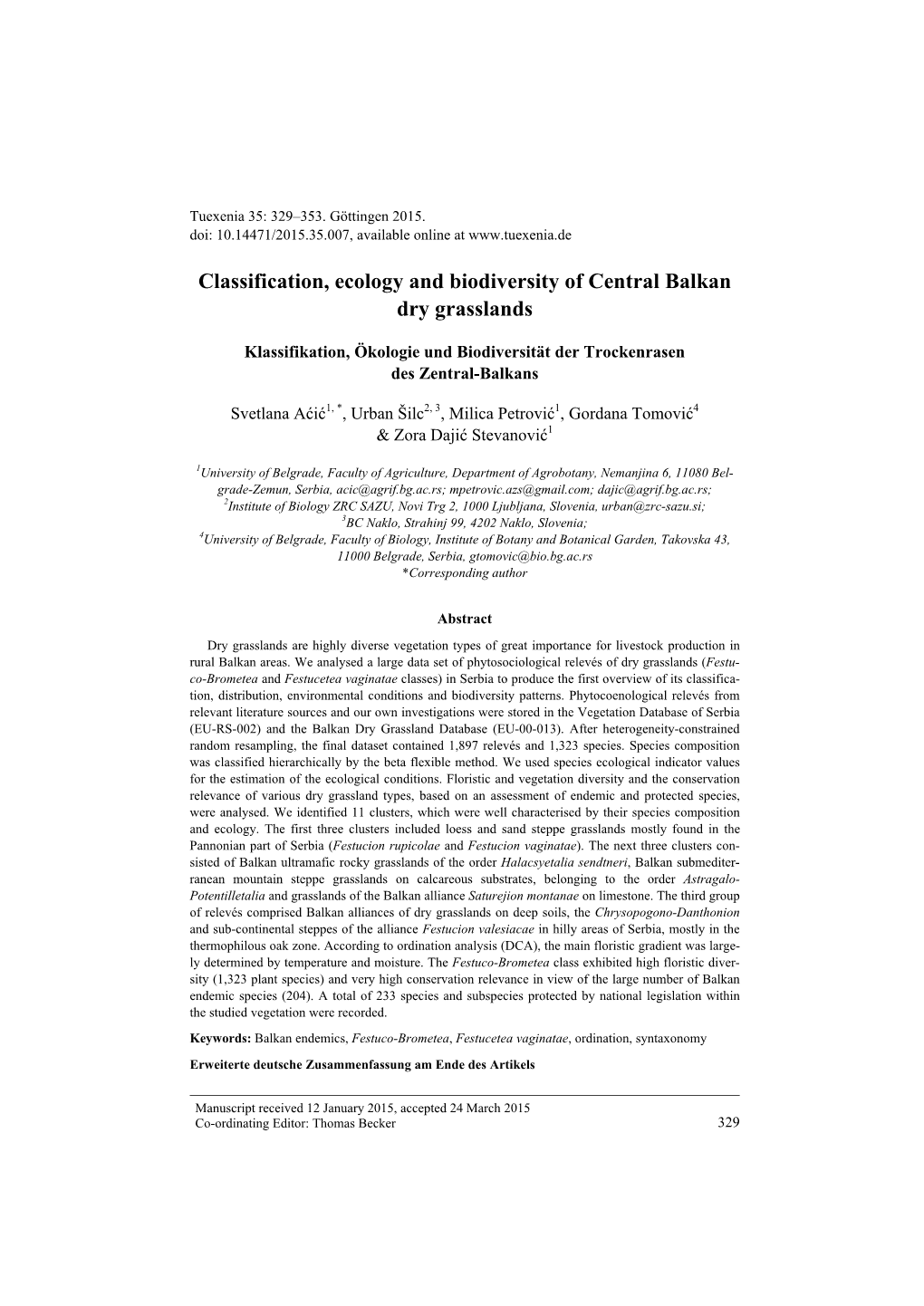 Classification, Ecology and Biodiversity of Central Bal-Kan Dry Grasslands