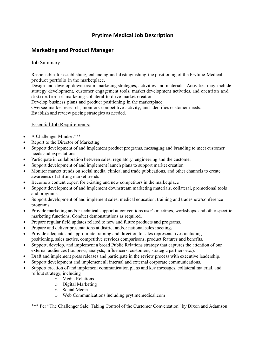 Prytime Medical Job Description Marketing and Product Manager