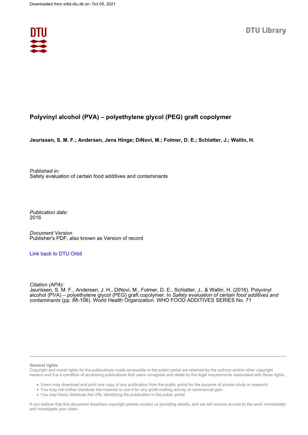 Polyvinyl Alcohol (PVA) – Polyethylene Glycol (PEG) Graft Copolymer