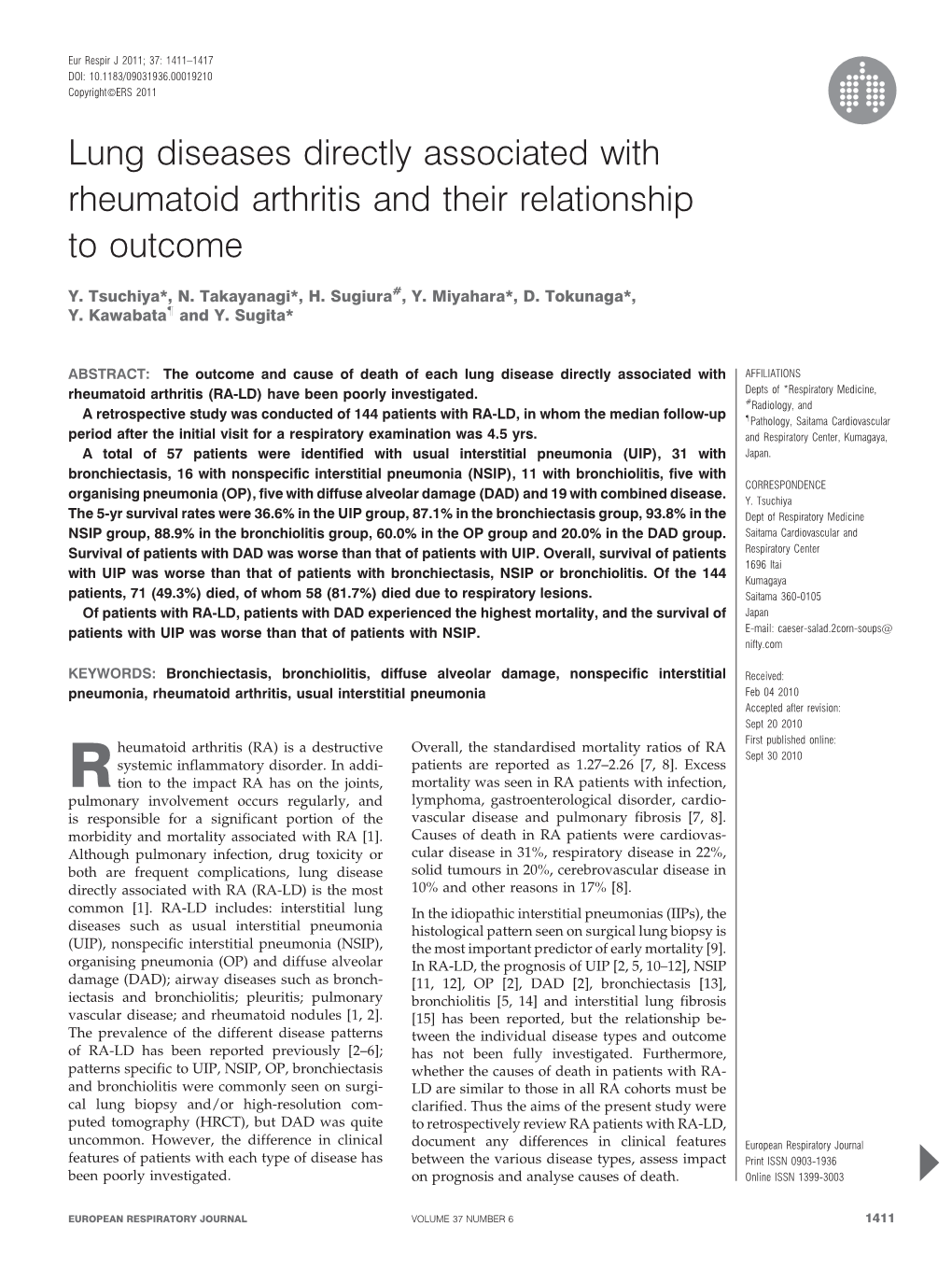 Lung Diseases Directly Associated with Rheumatoid Arthritis and Their Relationship to Outcome