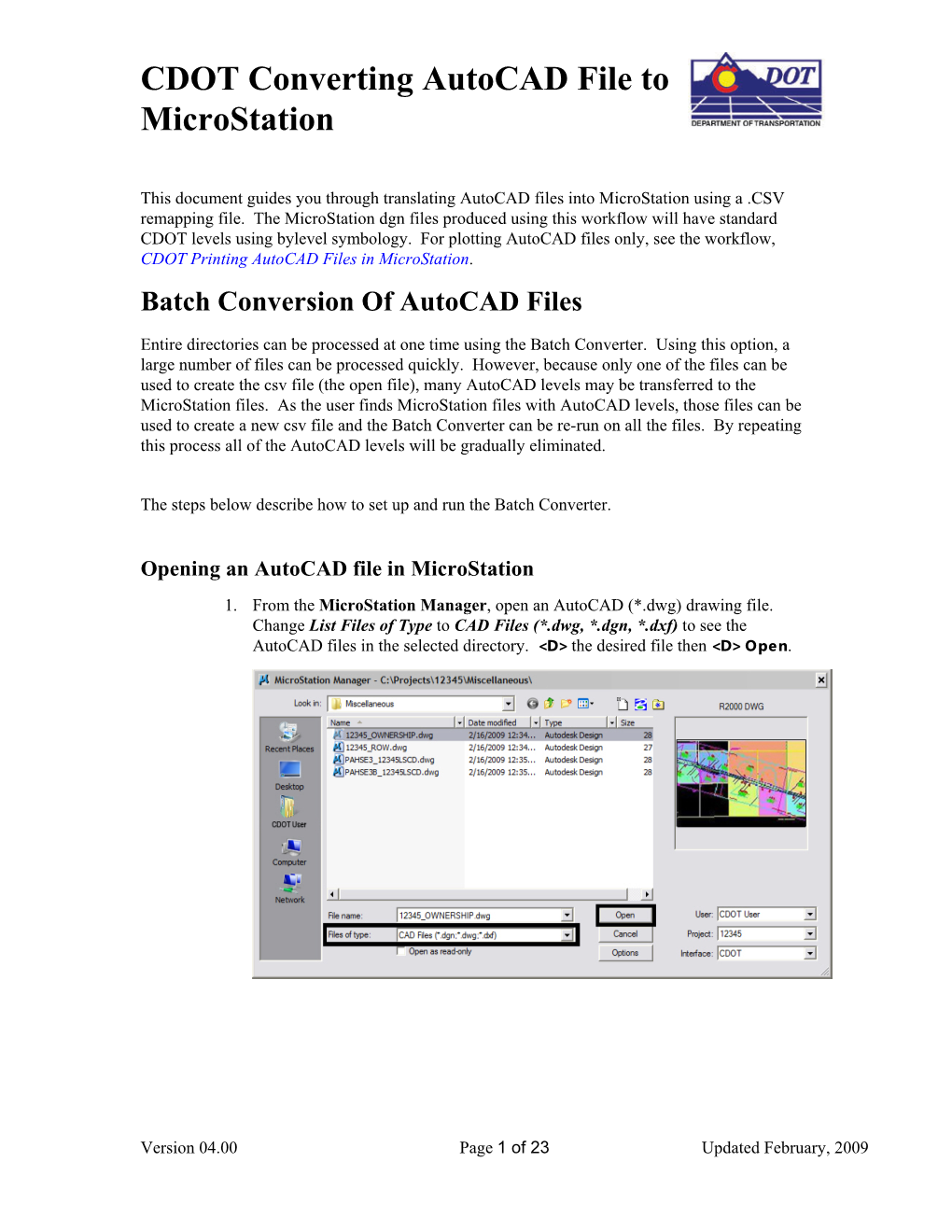 CDOT Converting Autocad File to Microstation