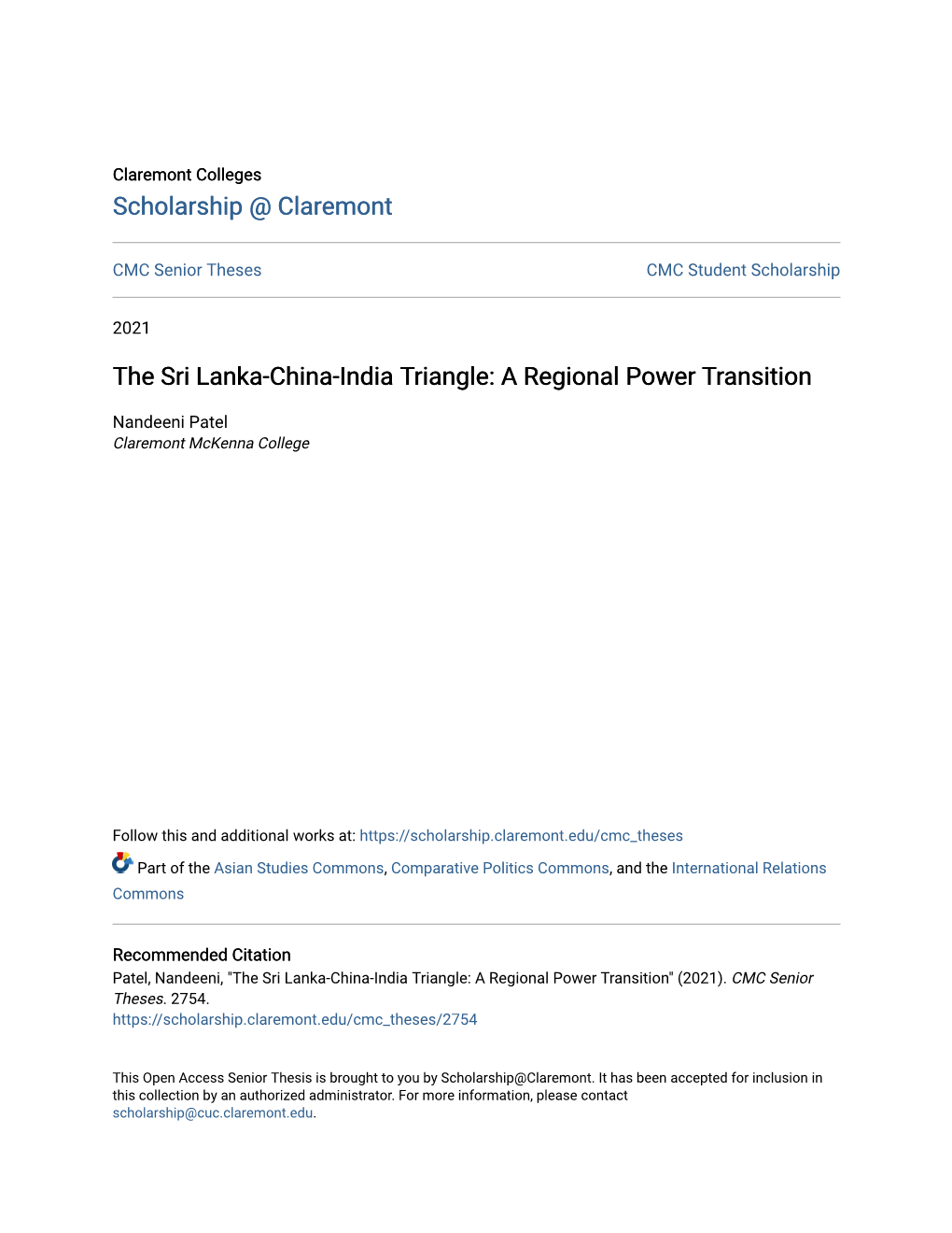 The Sri Lanka-China-India Triangle: a Regional Power Transition