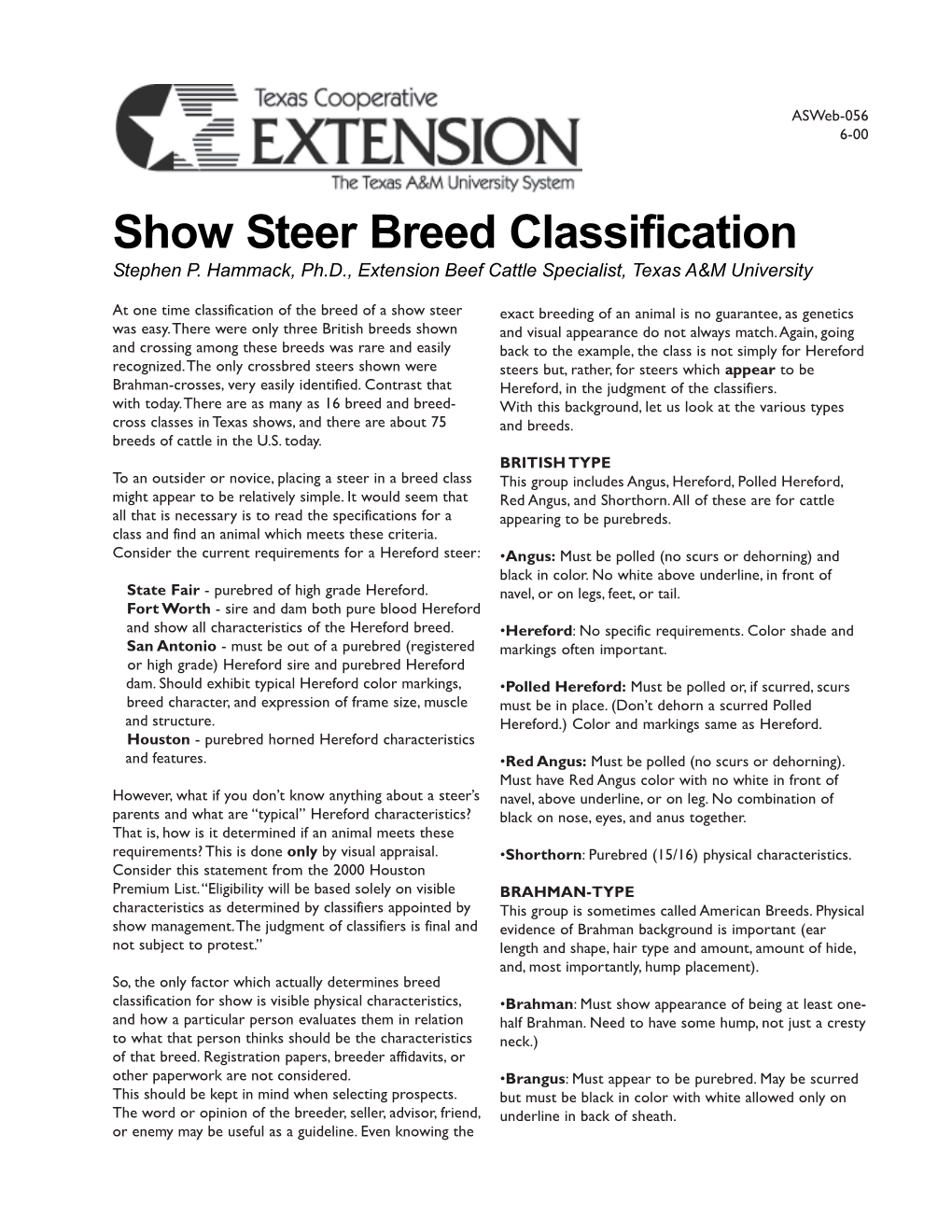 Show Steer Breed Classification Stephen P