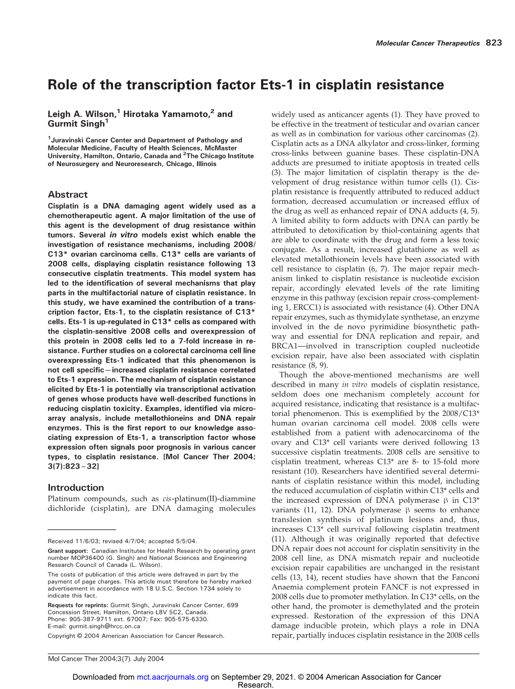 Role of the Transcription Factor Ets-1 in Cisplatin Resistance