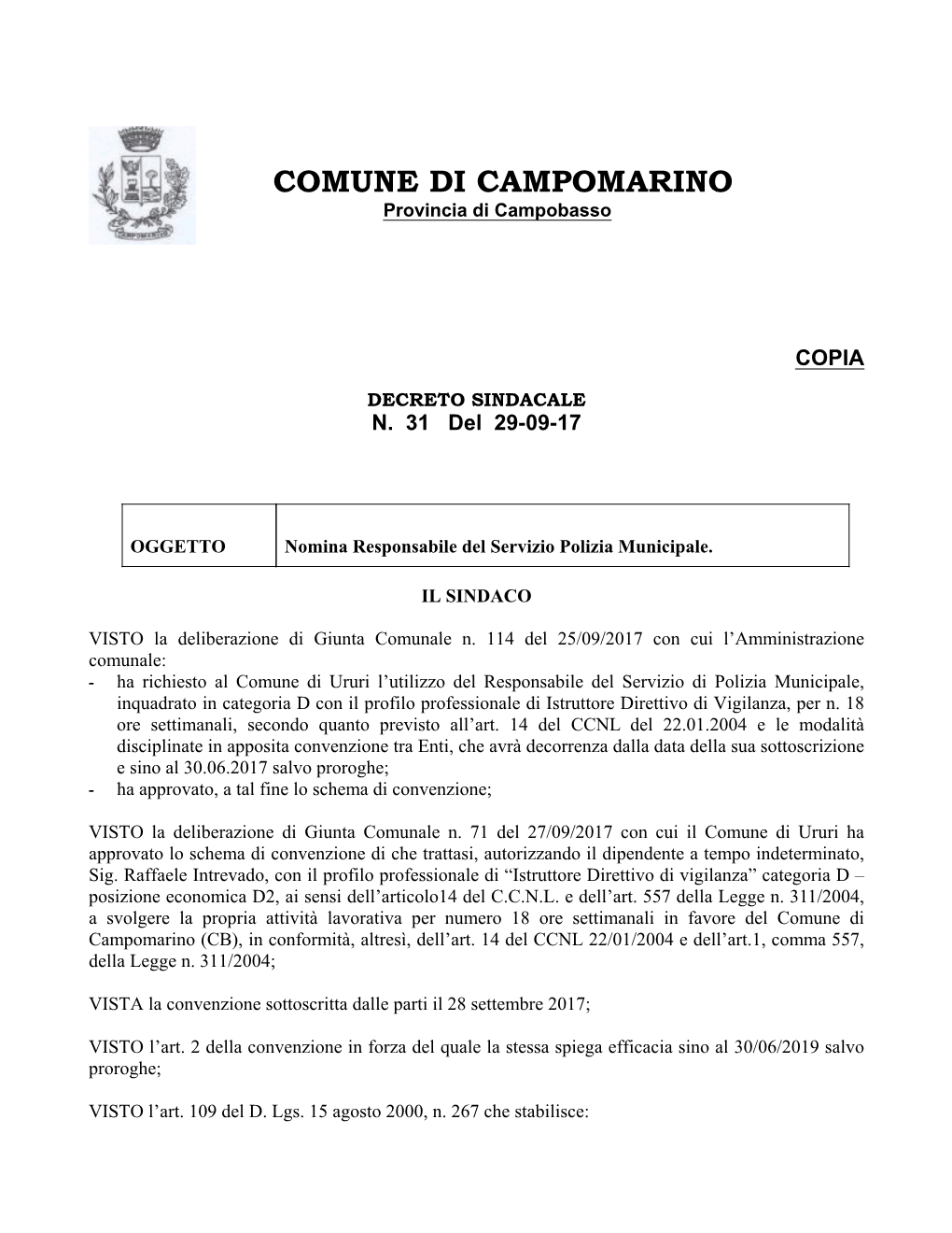 Page 1 COMUNE DI CAMPOMARINO Provincia Di Campobasso COPIA