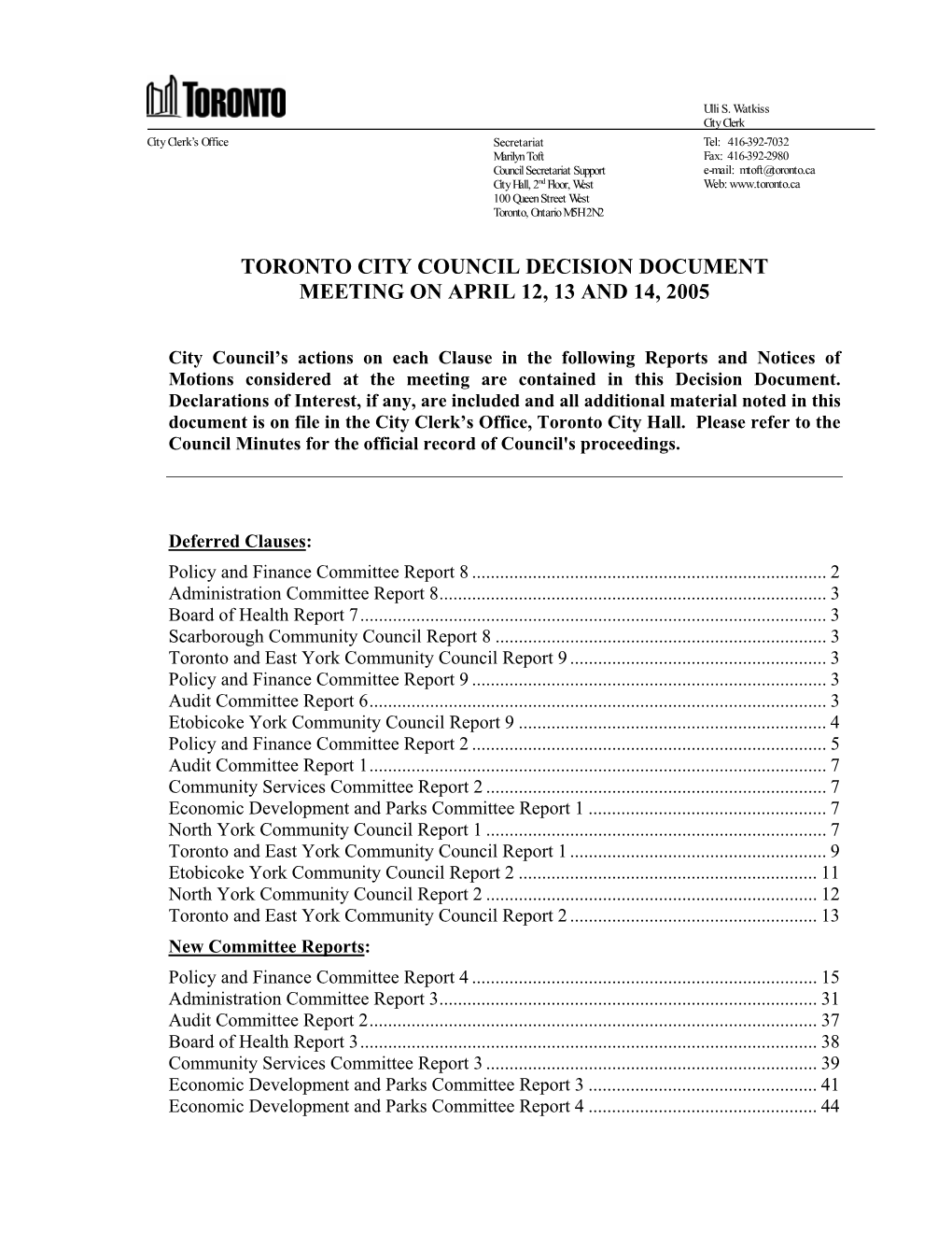 City Council Decision Document Meeting on April 12, 13 and 14, 2005