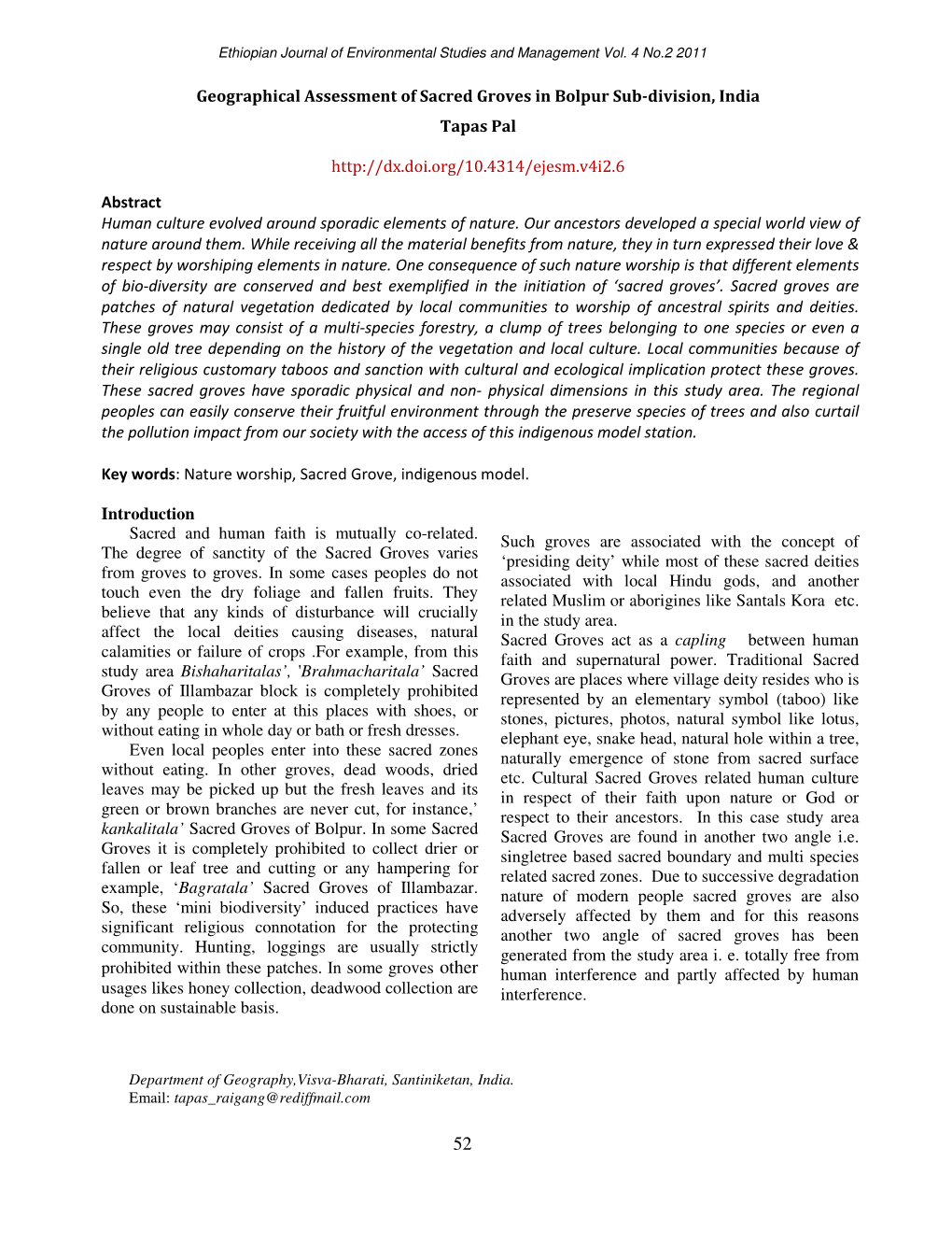 Geographical Assessment of Sacred Groves in Bolpur Sub-Division, India Tapas Pal Abstract