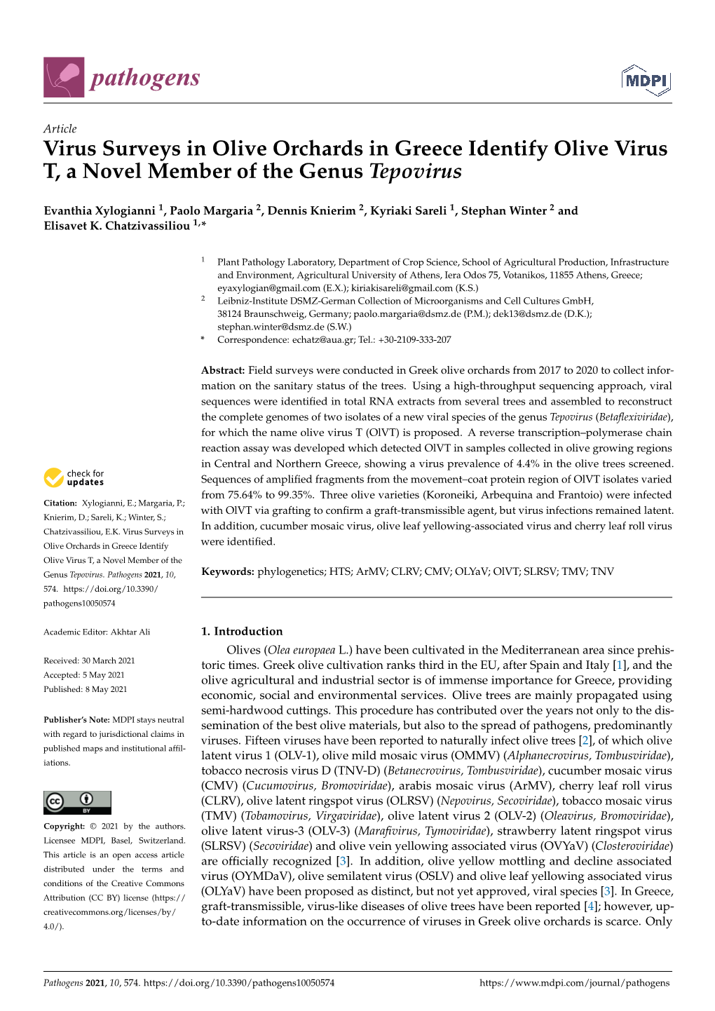 Virus Surveys in Olive Orchards in Greece Identify Olive Virus T, a Novel Member of the Genus Tepovirus