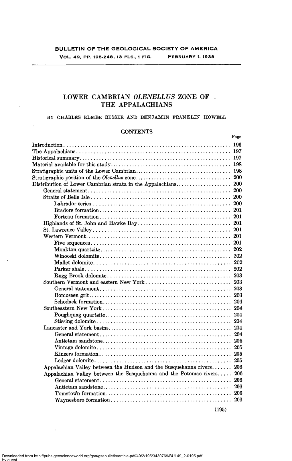 LOWER CAMBRIAN OLENELLUS ZONE of . the APPALACHIANS by CHARLES ELMER RESSER and BENJAMIN FRANKLIN HOWELL CONTENTS Page Introduction