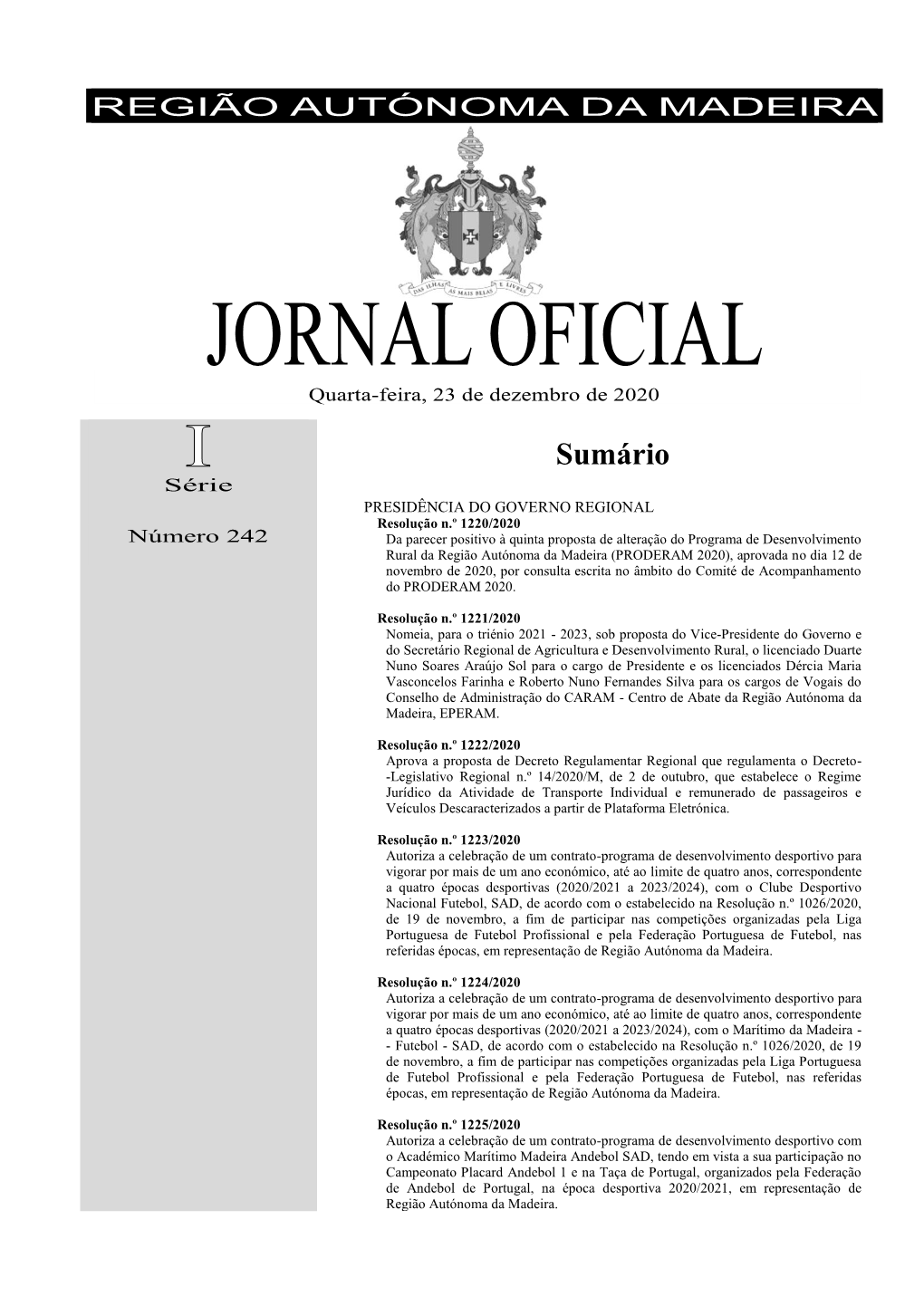 JORNAL OFICIAL Quarta-Feira, 23 De Dezembro De 2020