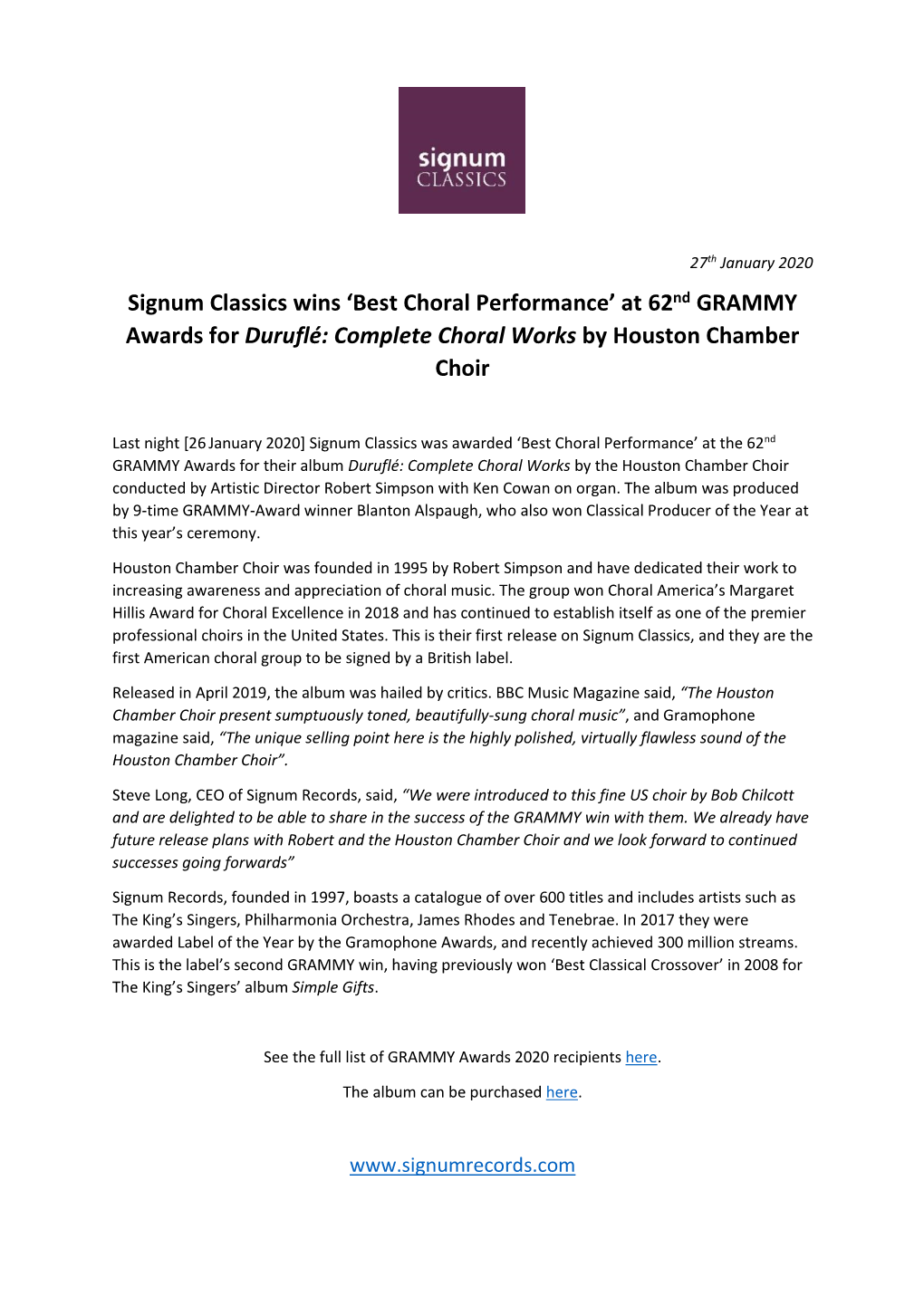 Signum Classics Wins ‘Best Choral Performance’ at 62Nd GRAMMY Awards for Duruflé: Complete Choral Works by Houston Chamber Choir