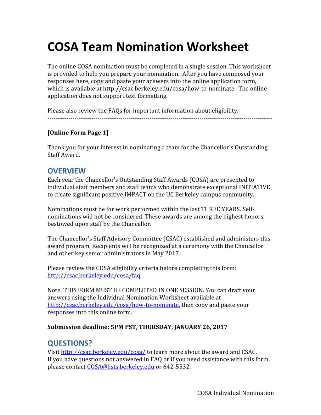 COSA Team Nomination Worksheet