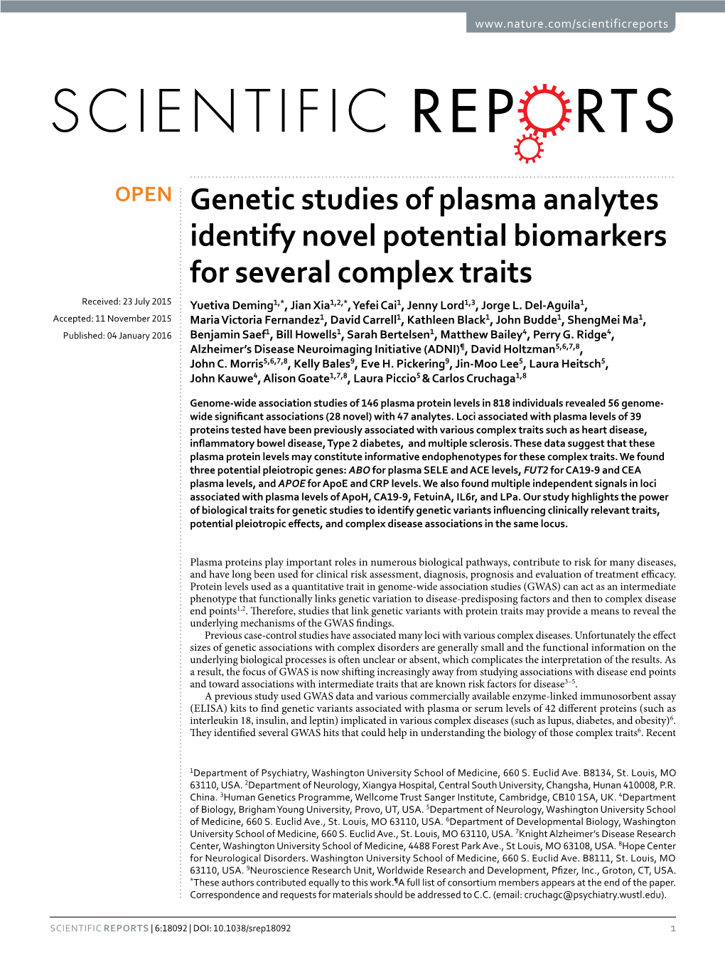 Genetic Studies of Plasma Analytes Identify Novel Potential Biomarkers for Several Complex Traits