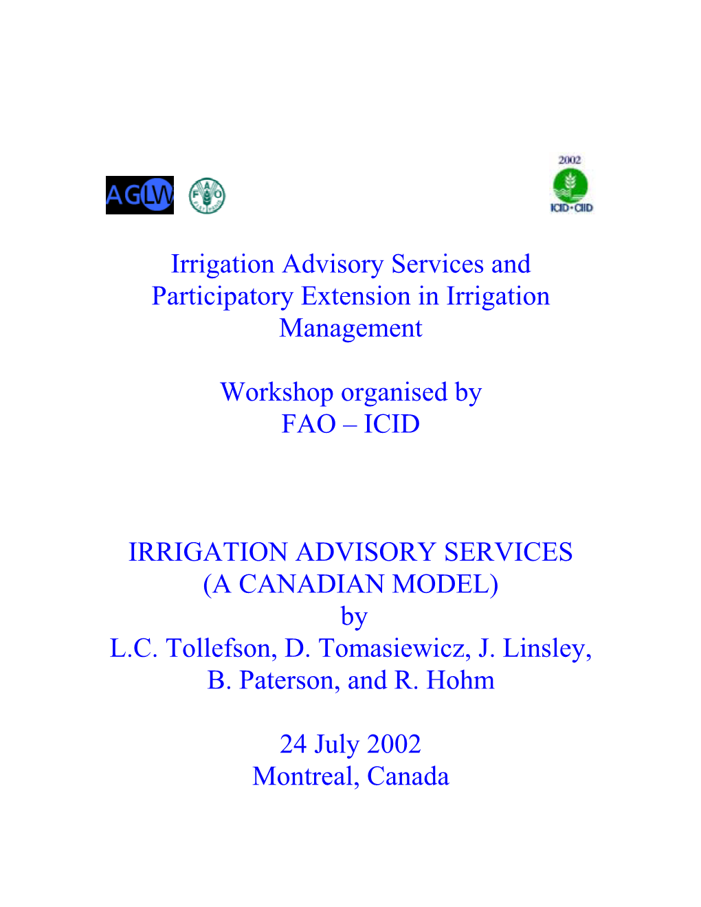 Irrigation Advisory Services and Participatory Extension in Irrigation Management