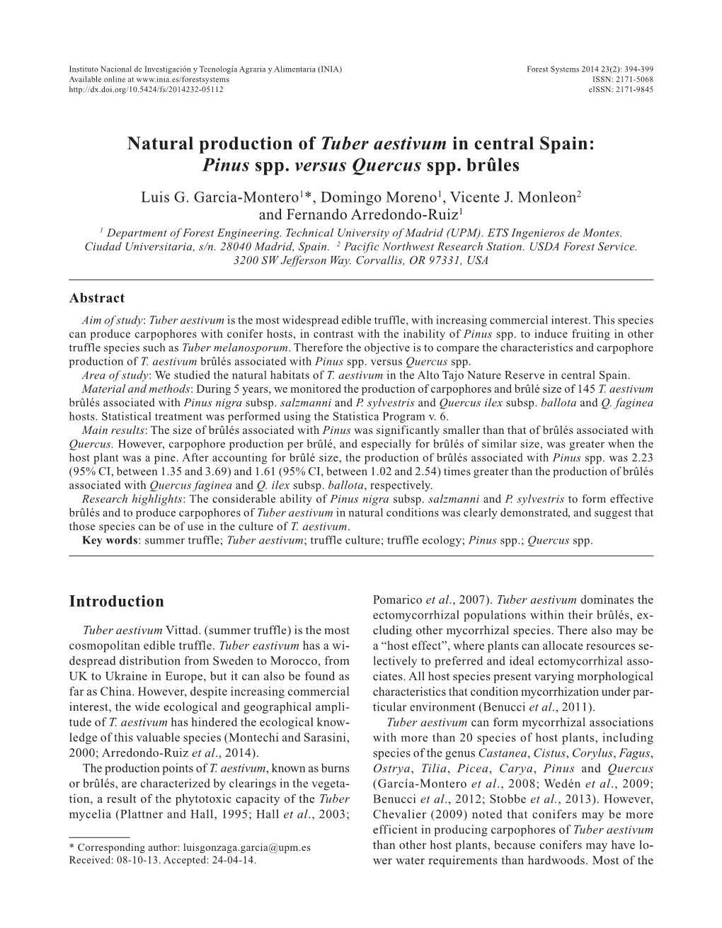 Natural Production of Tuber Aestivum in Central Spain: Pinus Spp